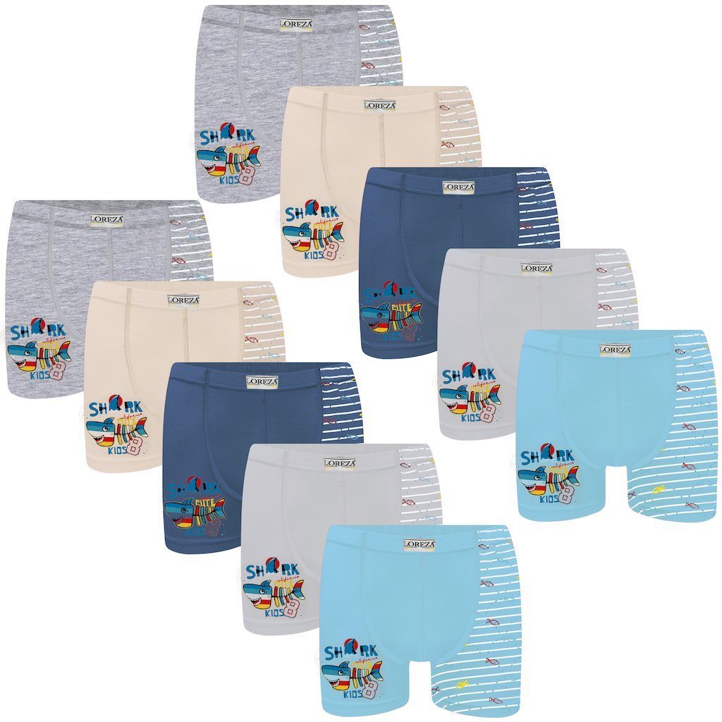 LOREZA Boxershorts 10 Jungen Boxershorts Unterhosen aus Baumwolle Unterwäsche - SHARK (Spar-Packung, 10-St)