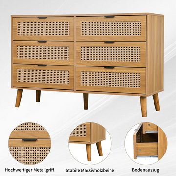 IDEASY Schubkastenkommode Kommode, Sideboard, Aufbewahrungsschrank, Rattan-Schranktür, (Eingangsschrank mit 6 Schubladen, 120 x 76,5 x 40 cm), 5 Beine aus Massivholz, einfach zu montieren