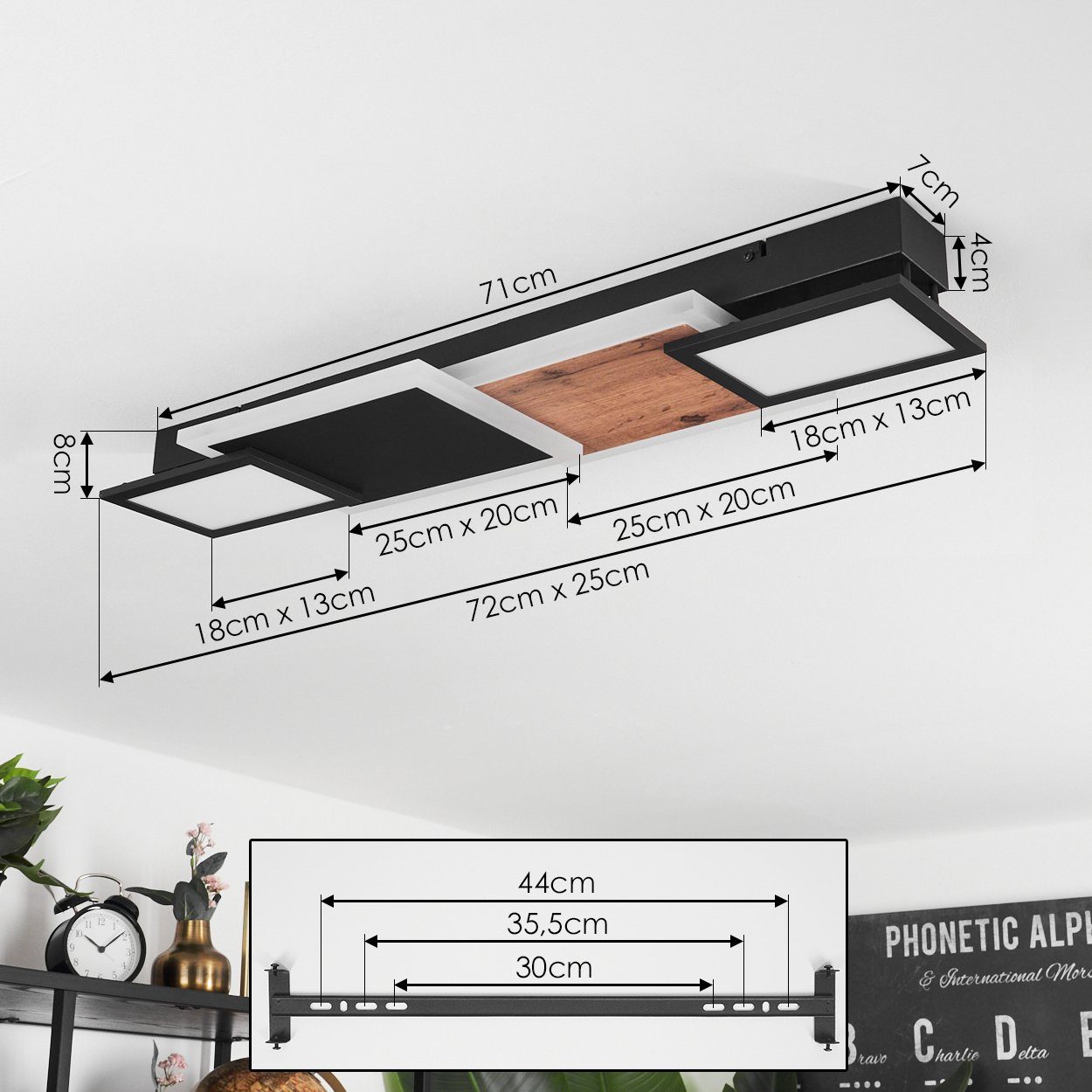 Länge Schwarz/Holzoptik/Weiß, hofstein 3000 1xLED Lumen, Deckenleuchte 72cm, Kelvin, Deckenlampe 30 in Metall/MDF/Kunststoff aus »Pale« 1850 Watt