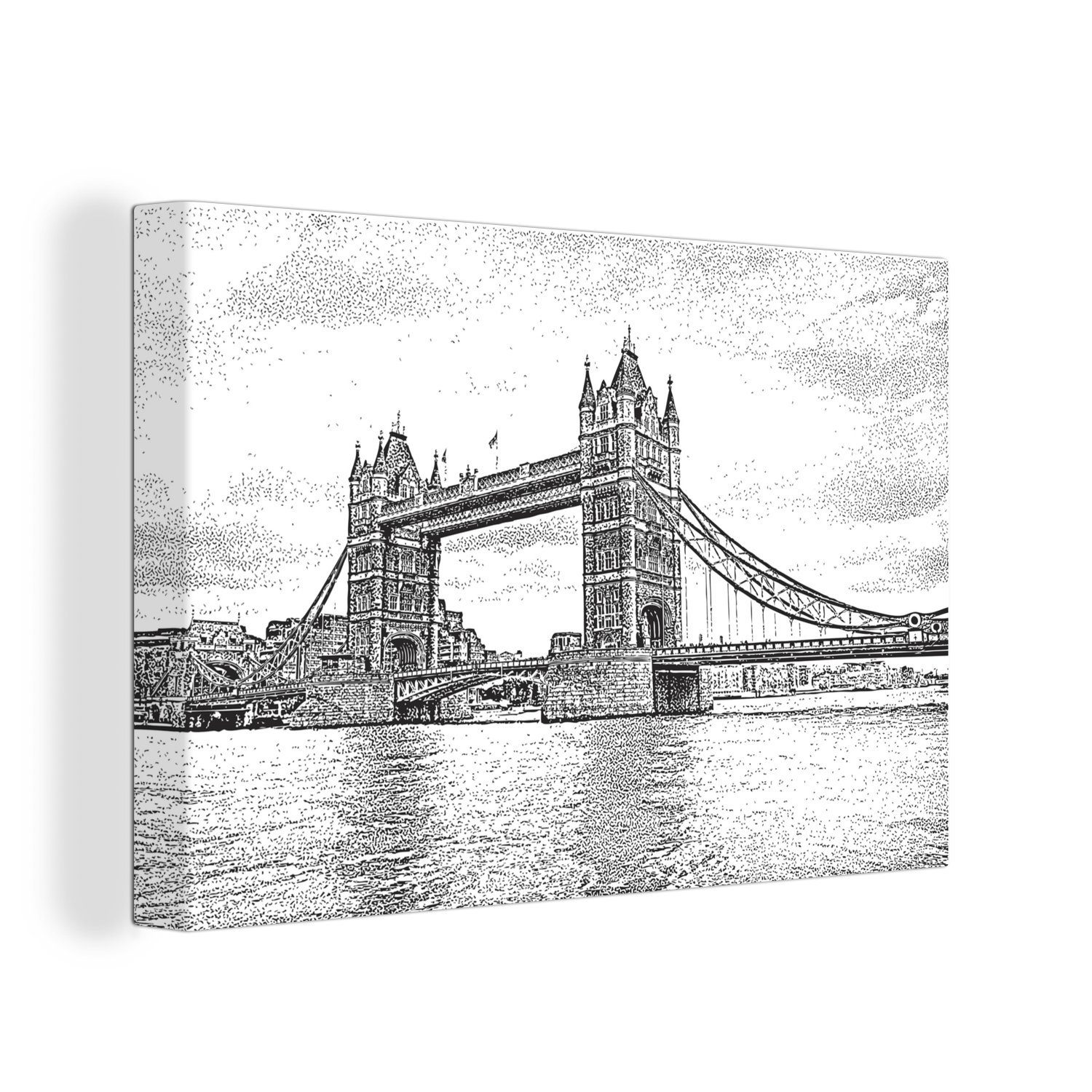 OneMillionCanvasses® Leinwandbild Illustration der Tower London schwarz-weiß, in cm Aufhängefertig, Leinwandbilder, Wanddeko, 30x20 St), Wandbild Bridge (1 in