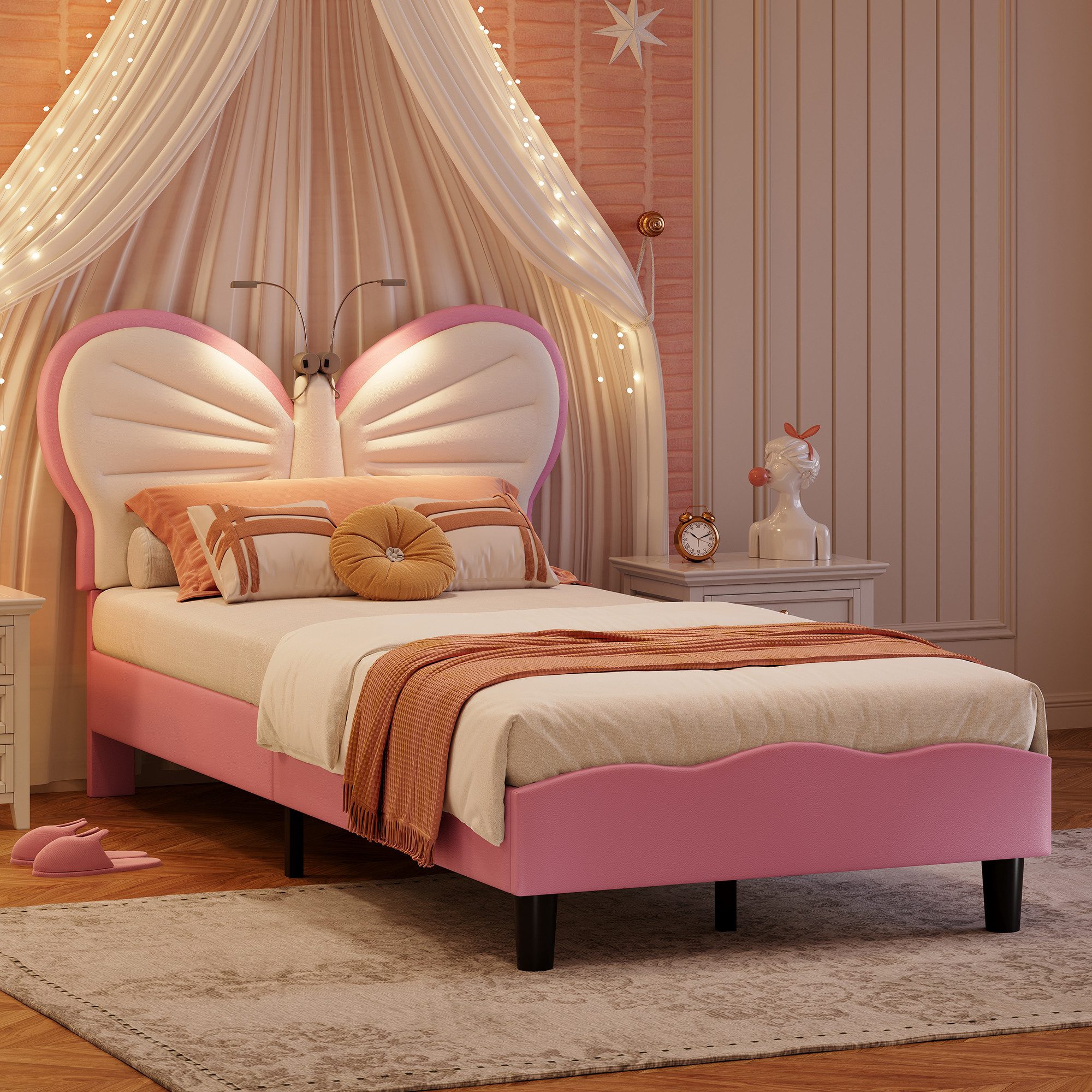 PXloue Polsterbett LED Beleuchtung Kinderbett Einzelbett Schleife am Kopfteil 90x200cm, Leselampe, Lattenrost, Samt, 90x200cm