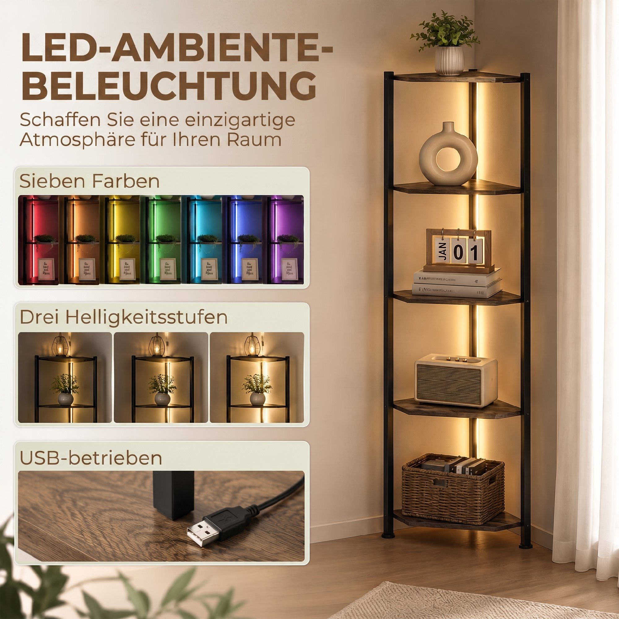HOMCOM Bücherregal Regal 5 Ebenen Aufbewahrungsregal mit Metallrahmen Rustikal-Braun, Eckregal 2-tlg., LED-Beleuchtung, Eckregal, platzsparend – Bild 4 von 5