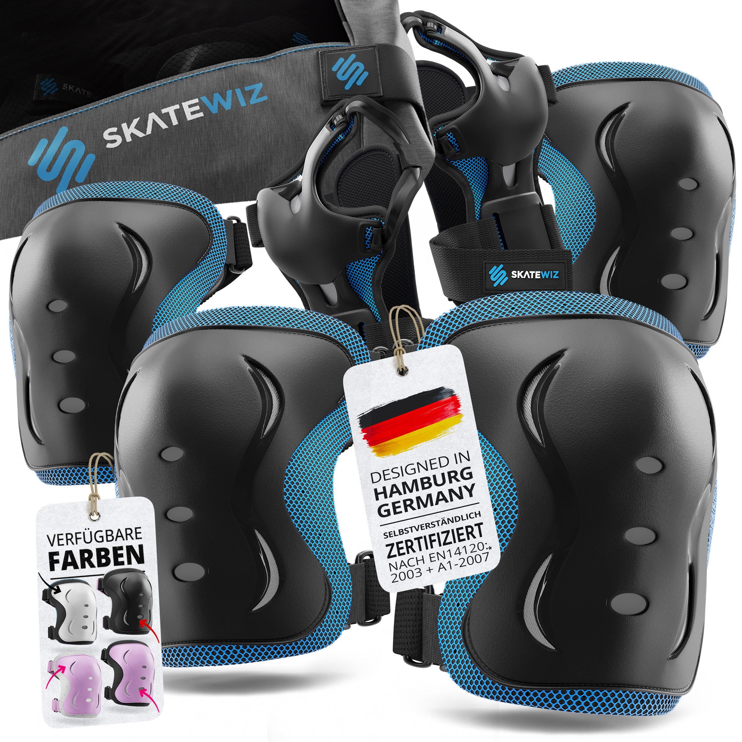 SKATEWIZ Protektoren-Set Schoner Inliner Geschenke für Kinder Knieschoner Erwachsene (Schützer Set Inliner skates Kinder und Rollschuhe, 6-tlg., Knieschoner Kinder - Inliner Schoner Erwachsene Schützer Inliner), Skateboard Schutzausrüstung Schlittschuhe S