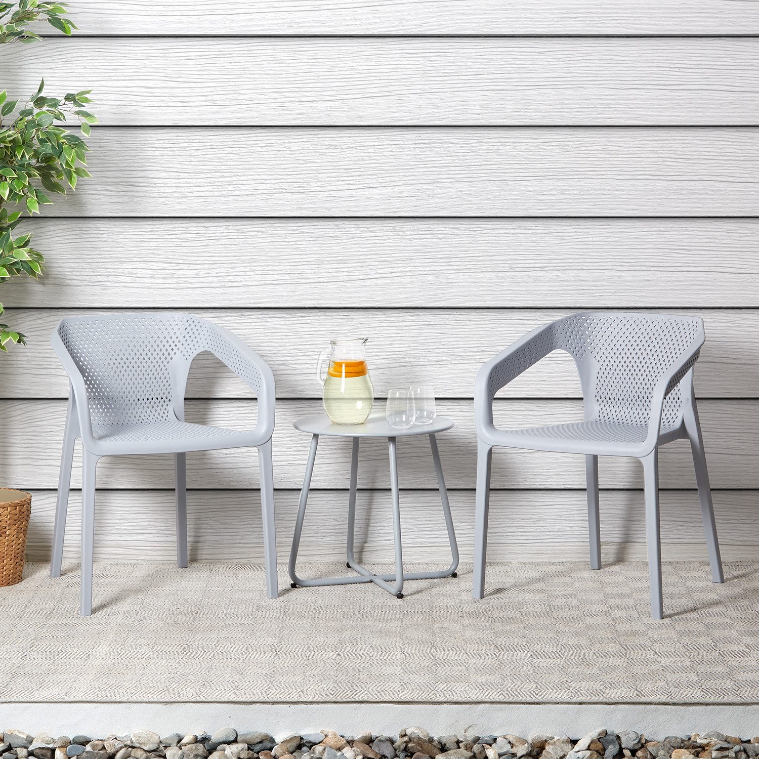 Gartenlounge-Set Outdoor 2 Stühle+Tisch Terrasse stapelbar Gartenmöbel Küchenstuhl, (Set, 3-tlg., 2 Stühle und 1 Tisch), Grau, inkl. Tisch, robust, stabil, Essstuhl