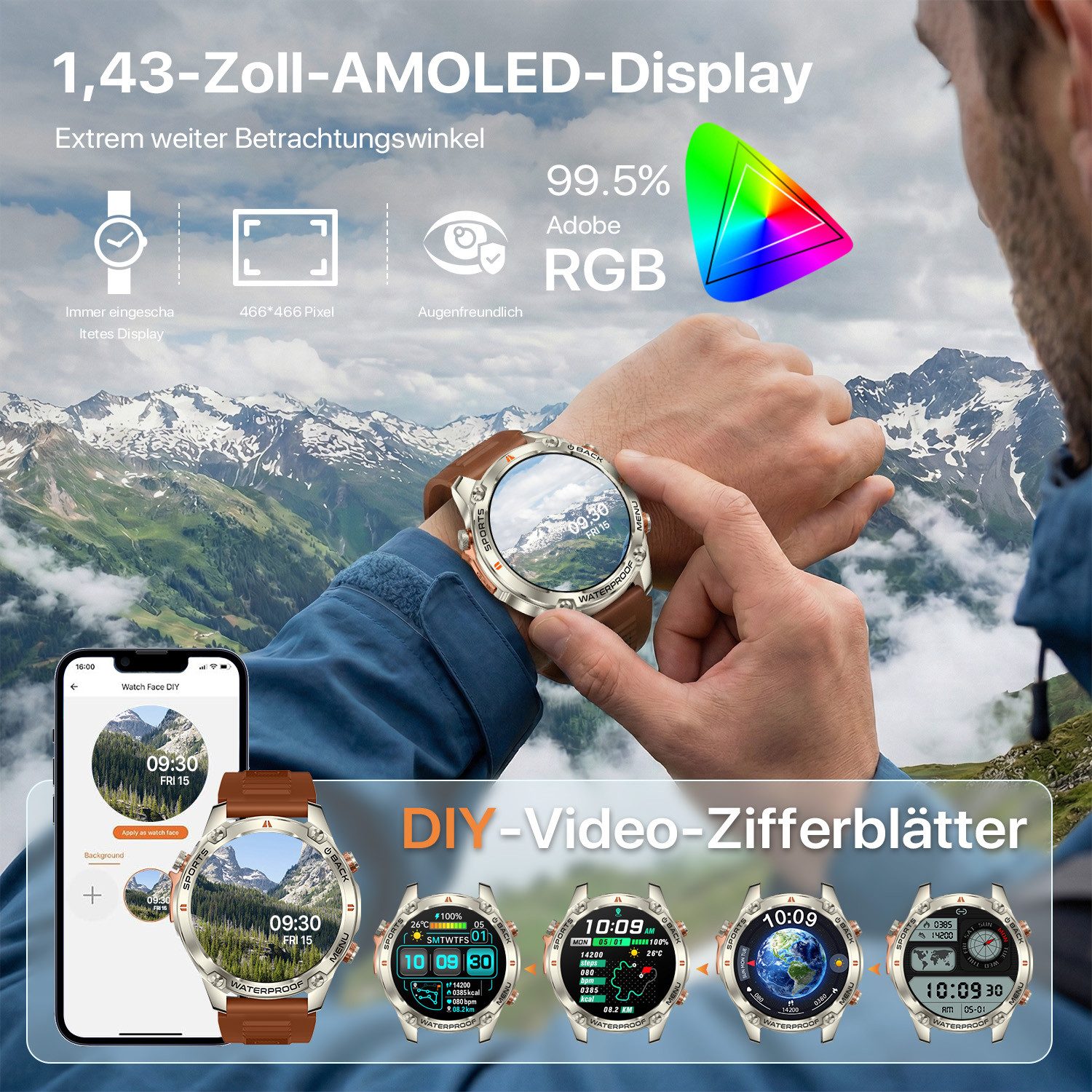 ANYSUN Smartwatch Herren Damen mit GPS, 1,43" AMOLED für den Outdoor-Einsatz Smartwatch (1,43 Zoll) Sportuhr mit 100+ Sportmodi-Puls-Schlaf-Schritte-Kalorien-Kilometer-Monitor, 5 ATM wasserdicht Fitnessuhr für Android iOS braun