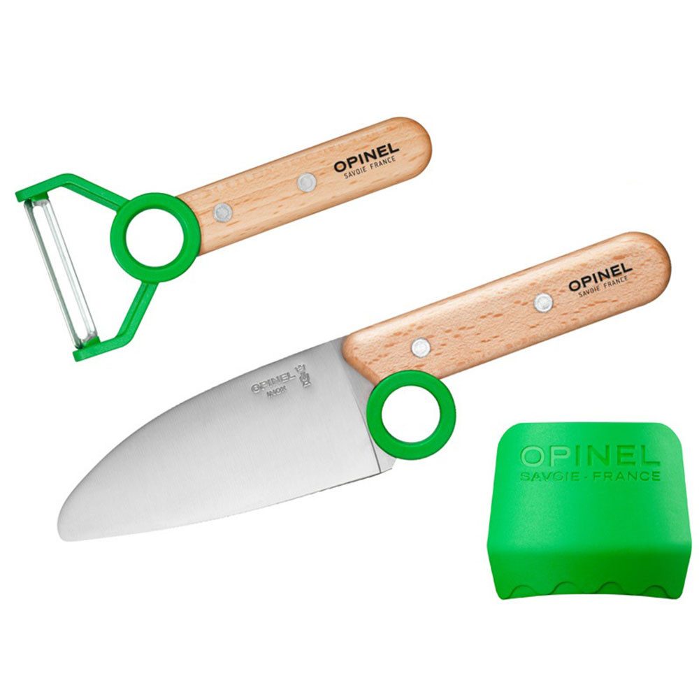 Opinel Kinderkochmesser LE PETIT CHEF Kinder Küchen-Set 3 teilig - Grün, abgerundete Klinge, Fingerschutz