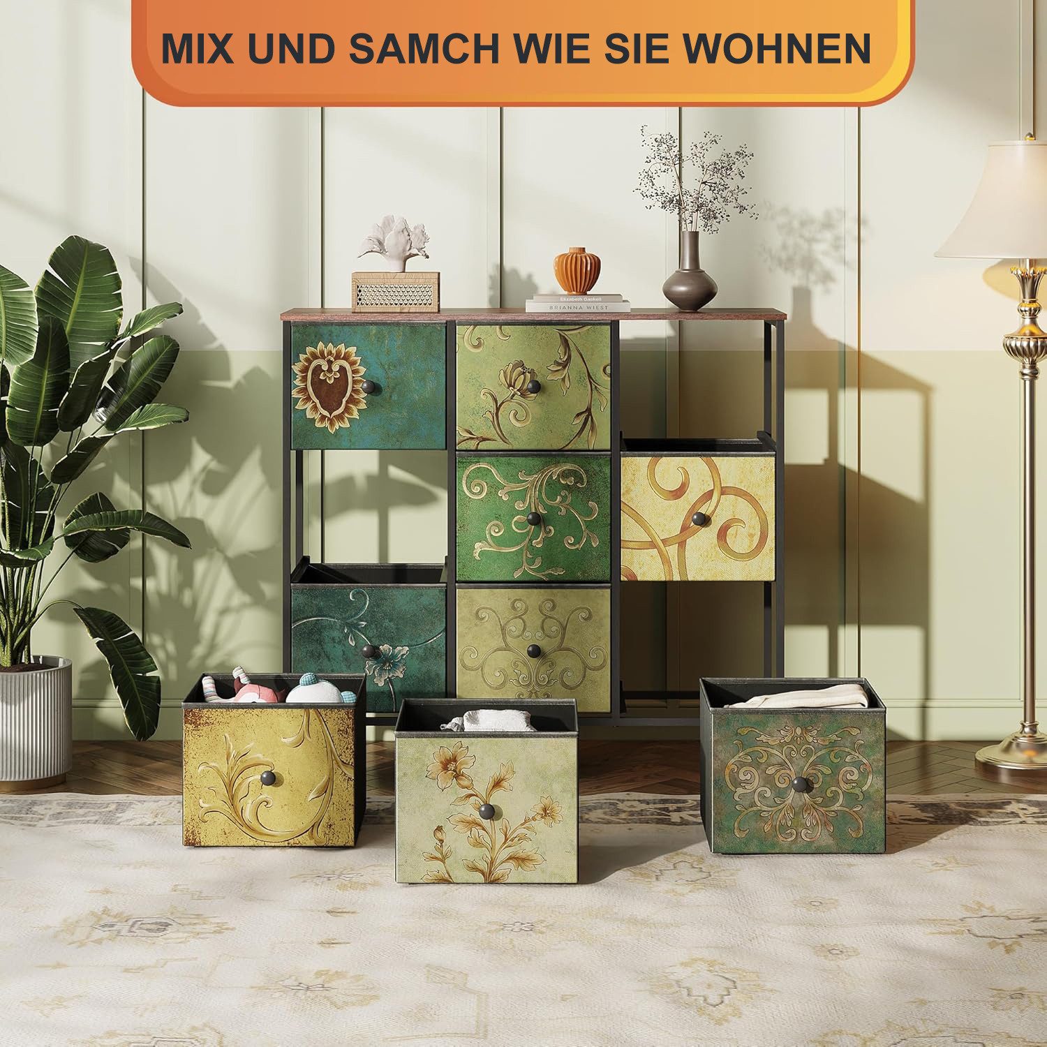 Furnishings Home Schubkastenkommode Sideboard Kommode Nachttisch Moderne (1 tlg. 100 x 30 x 86.5 cm (BxTxH), 9 Schubladen, Retro-Stil, Blumenstoff