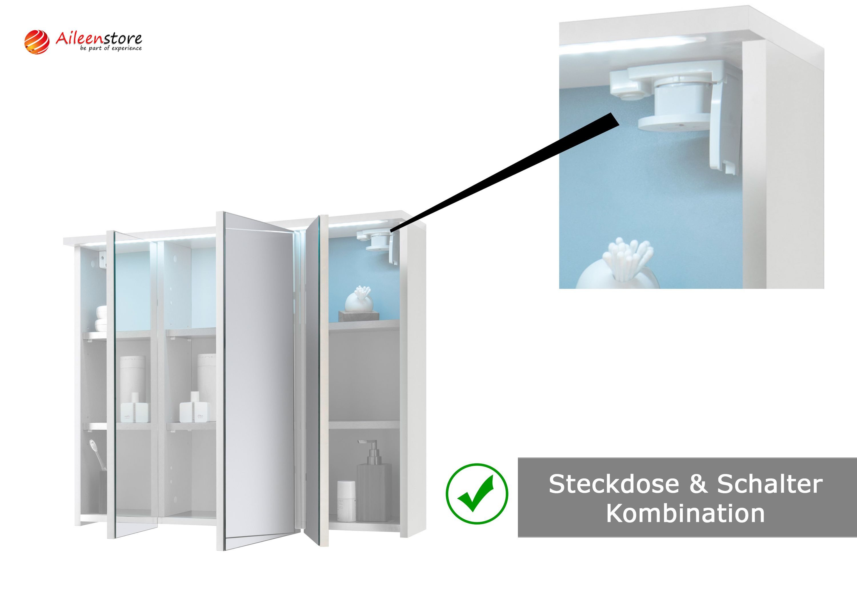 Aileenstore Spiegelschrank DUO Breite 100 cm, Schalter-/Steckdosenbox, LED-Beleuchtung