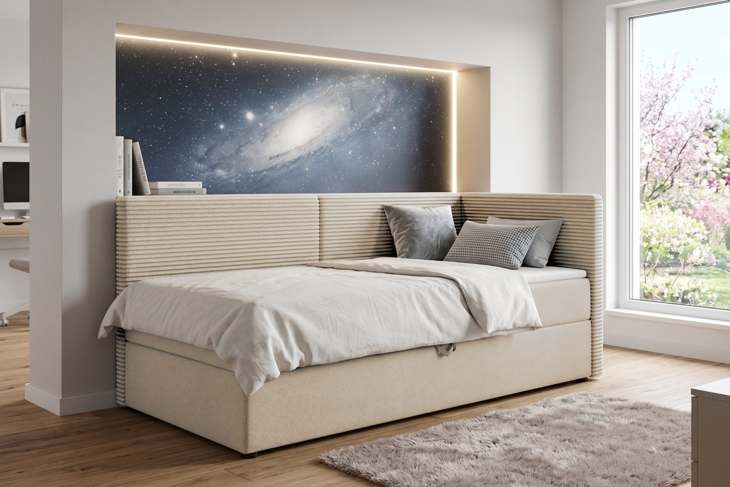 Deine Möbel 24 Boxspringbett MILA, Tagesbett mit Bettkasten, Kindersofa mit Schlaffunktion (Cord-Stoff & Velour Samt, 1-St., perfekt für Jugendliche & Erwachsene, Modernes 3-in-1 Design), 90x200 100x200, Schwarz Grau Beige Creme Anthrazit