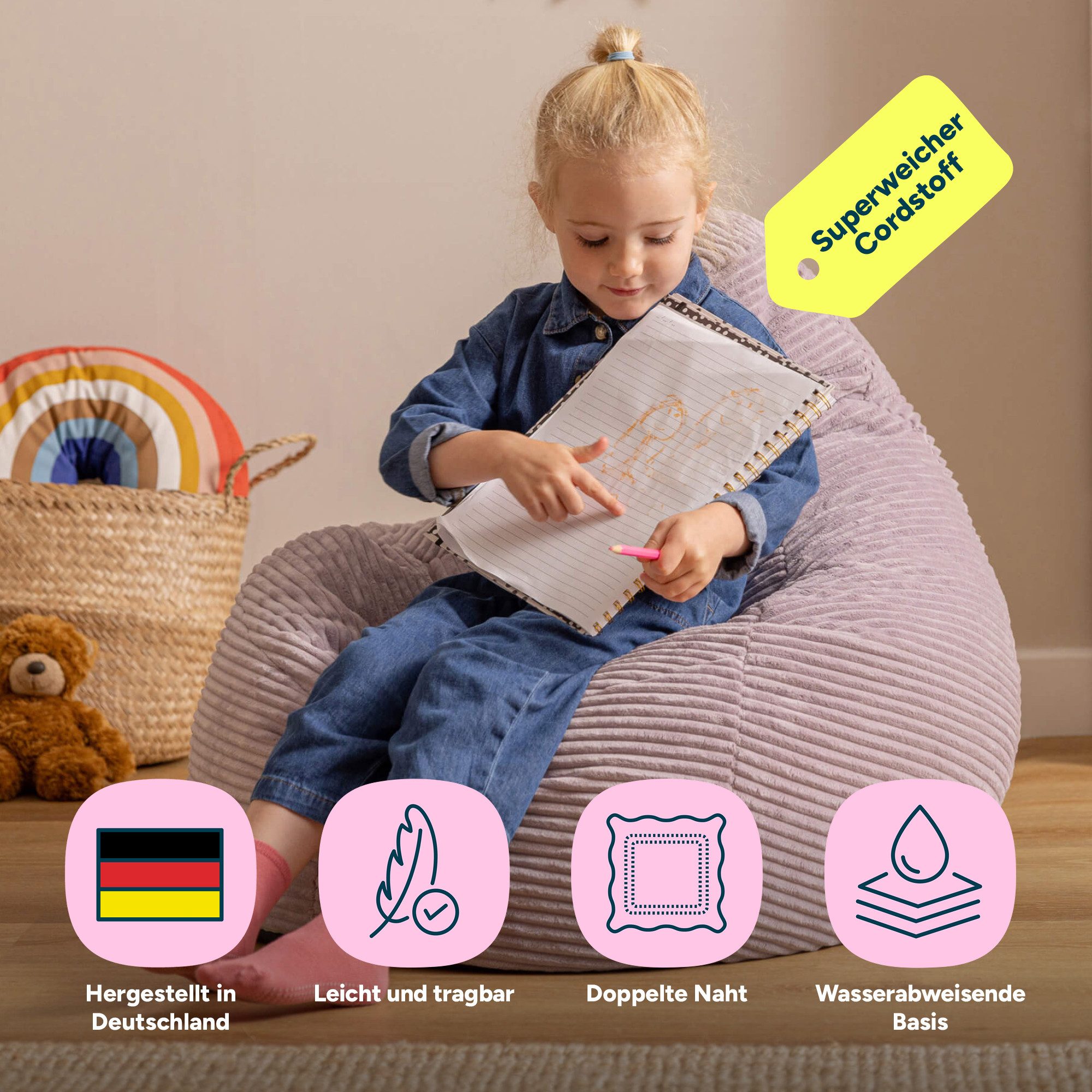 icon Sitzsack Kinder Sessel aus Cord Flauschig „Dalton", 69x59x65cm, Made in Germany, für Kinderzimmer, mit Füllung – Bild 3 von 5