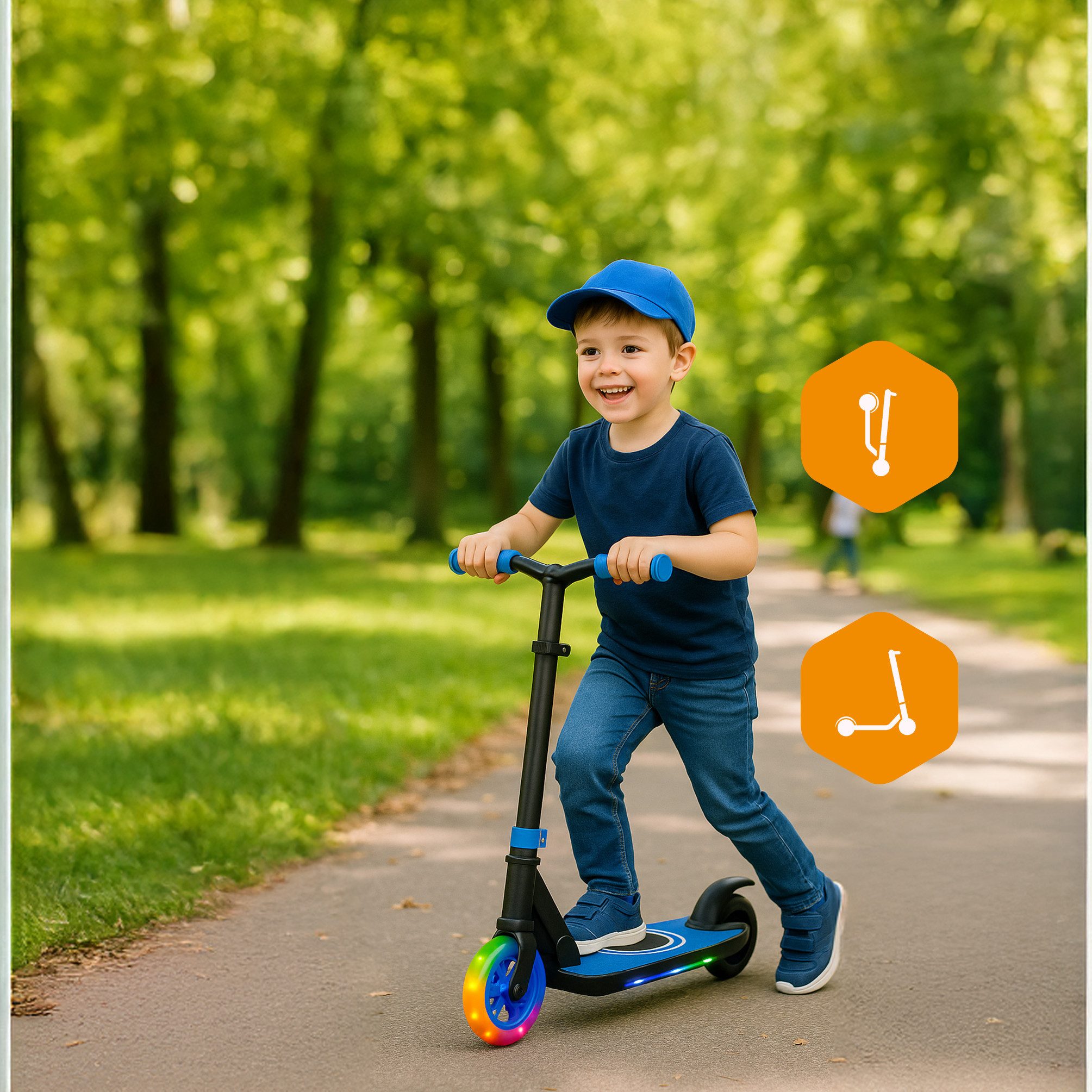 Denver E-Scooter SCK-5500BU, 10 km/h, klappbar, Trittbrett-„Speeder“ zum Beschleunigen, LED-Vorderrad
