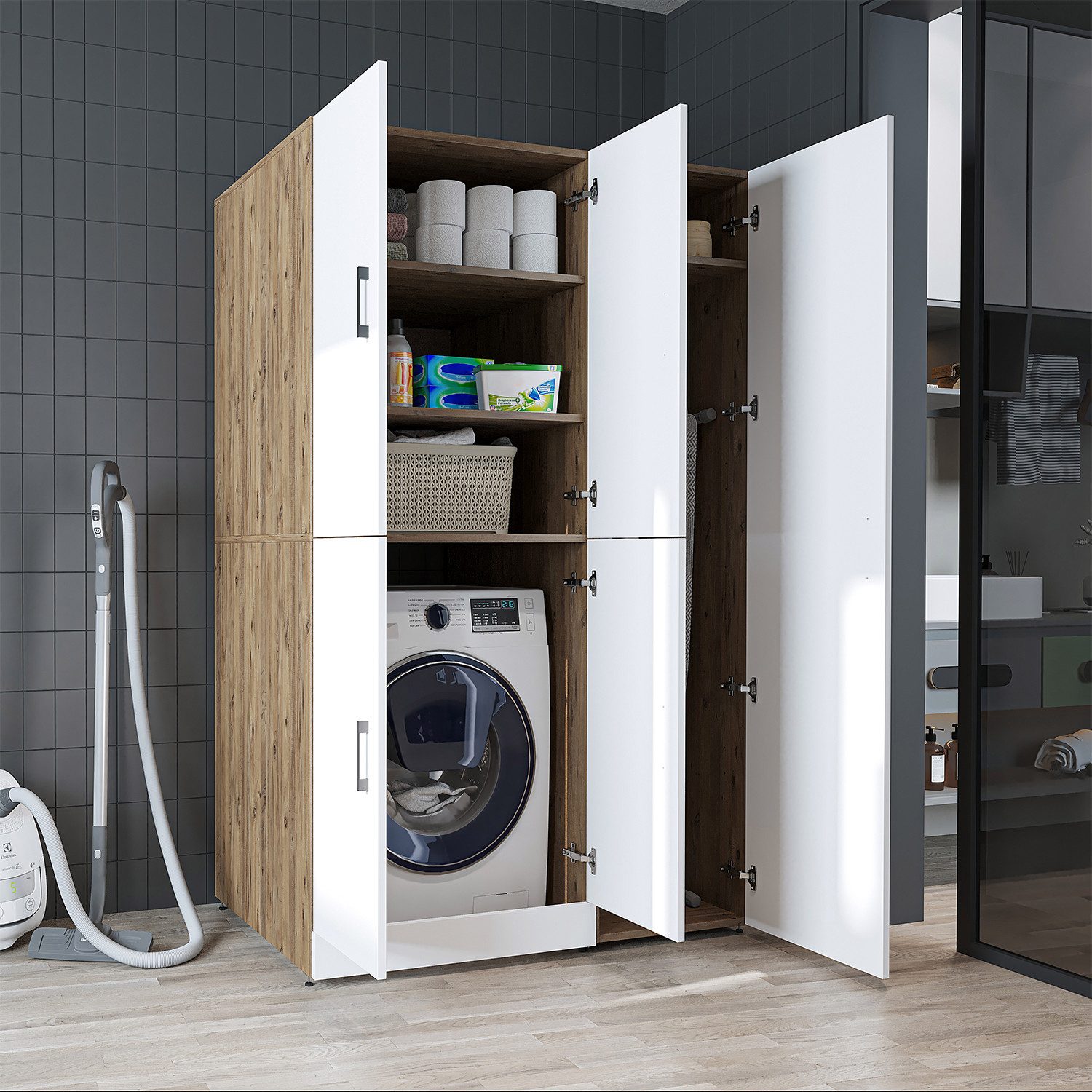 Roomart Waschmaschinenumbauschrank DORA 115 cm Waschmaschinenschrank + Hochschrank, 2 Höhen, in 5 Farben (für Waschmaschine & Trockner mit Regalboden, Waschmaschinenschrank mit Hochschrank – 2 Höhen, 2 Regalboden-Optionen) 130 kg Belastbarkeit, Hochschrank links/rechts, in 5 Farben, 2 Höhen