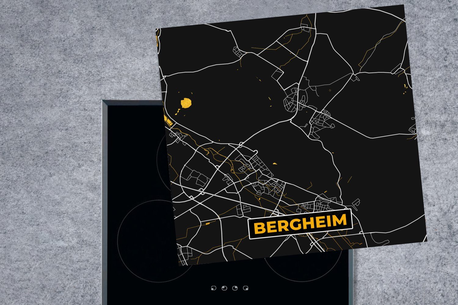 Karte, Herdblende-/Abdeckplatte cm, - für Bergheim Gold - küche Stadtplan und Schwarz Arbeitsplatte - Deutschland Vinyl, 78x78 Ceranfeldabdeckung, - tlg), (1 MuchoWow