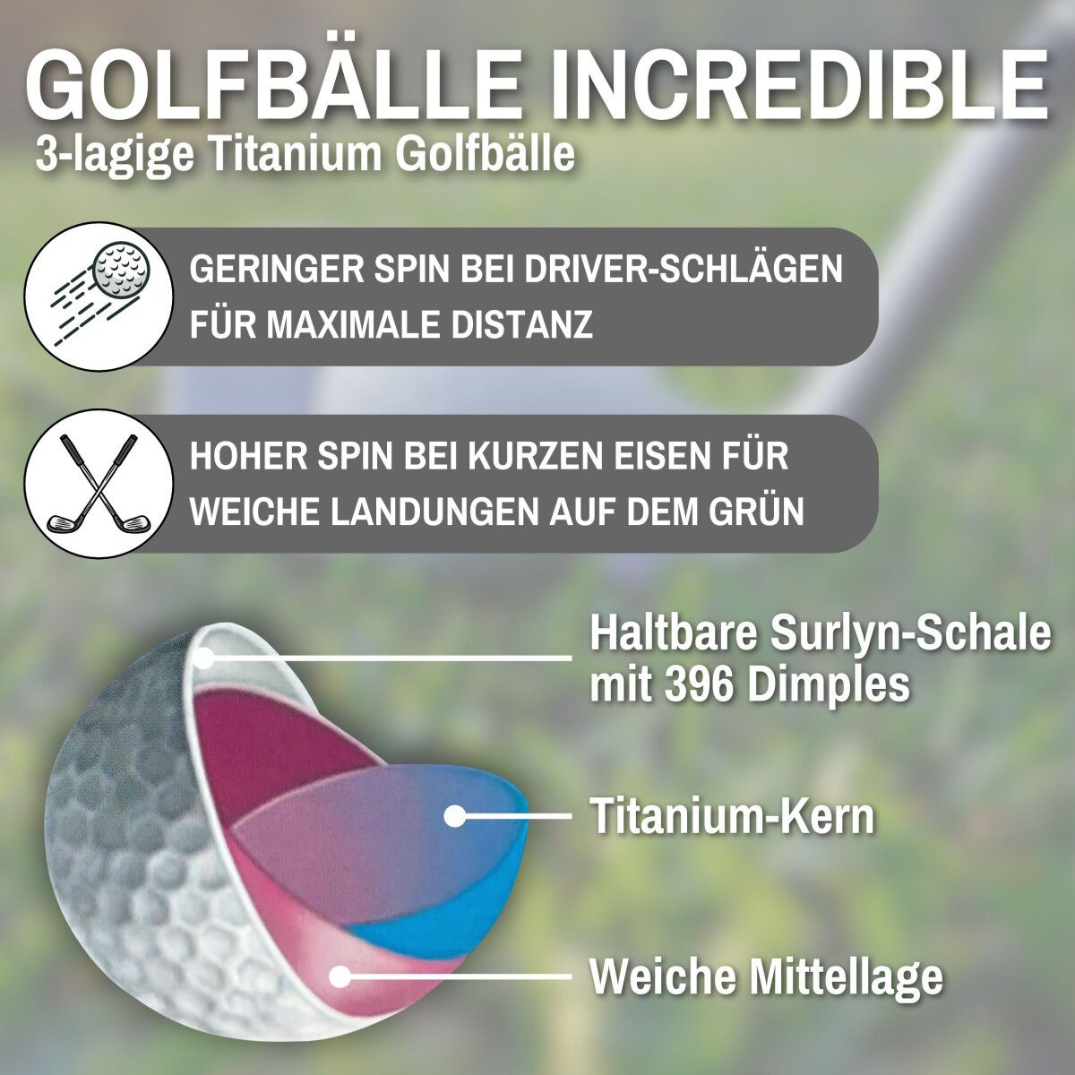 L.A. Sports Golfball 12 Set Golfbälle Titanium (Spar-Set, 12-St., 12er-Pack), 396 Dimples (Dellen)