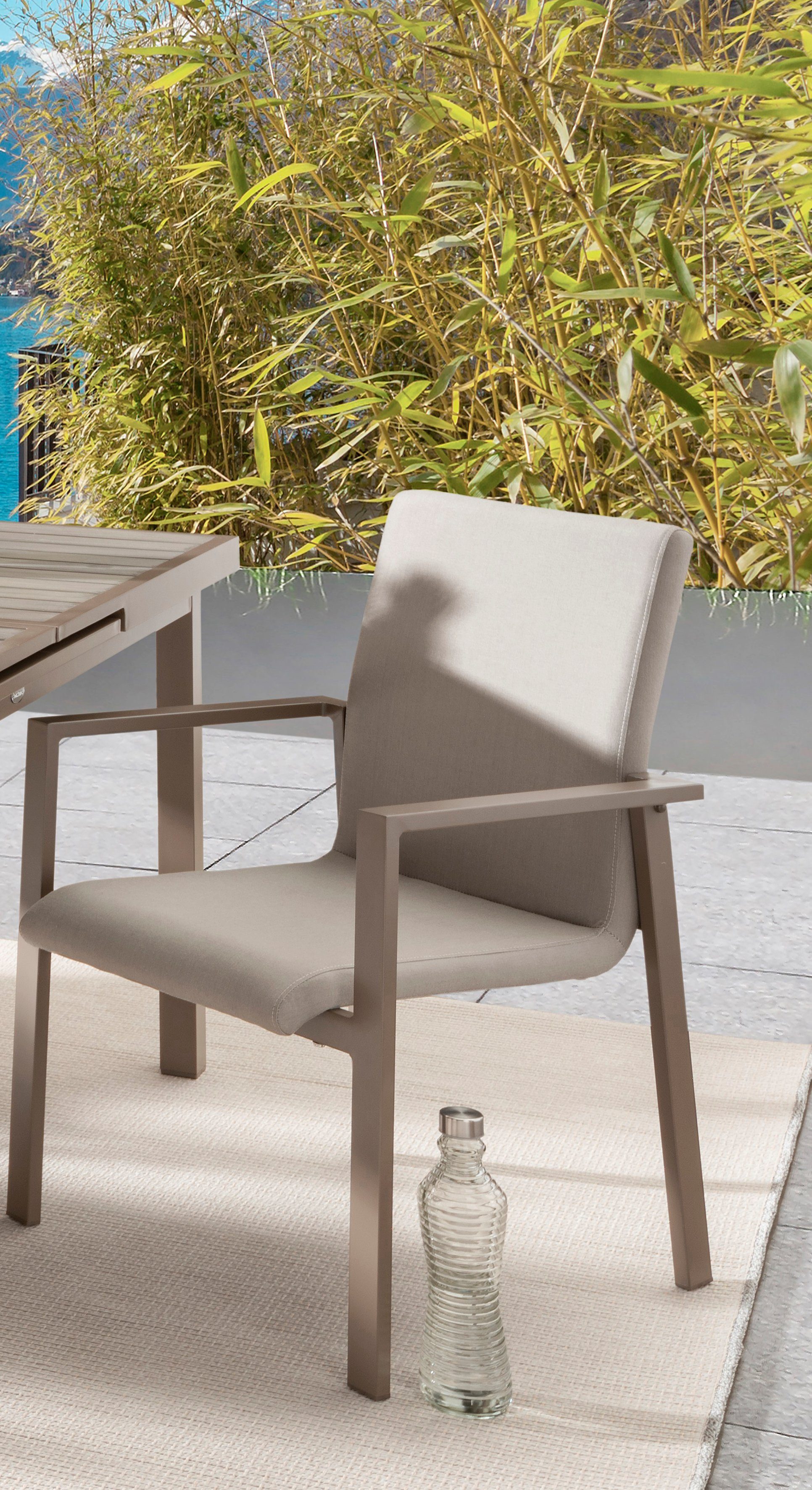 Destiny Garten-Essgruppe TORINO IMOLA 4 Se + Ausziehtisch 165/215x100cm, taupe, (Set, 5-tlg., 4 Stapelsessel, 1 Tisch mit Synchronauszug), Aluminium, Olefin, Polywood