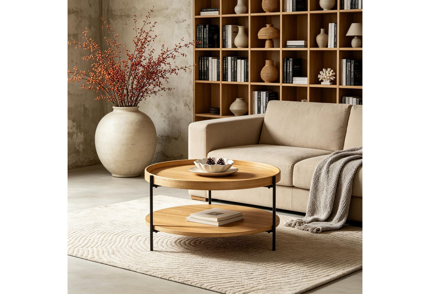 WILLIAMSPACE Couchtisch Meta Runder Couchtisch 2 Ebenen, MDF Echtholzfurnier & Echtholzrand