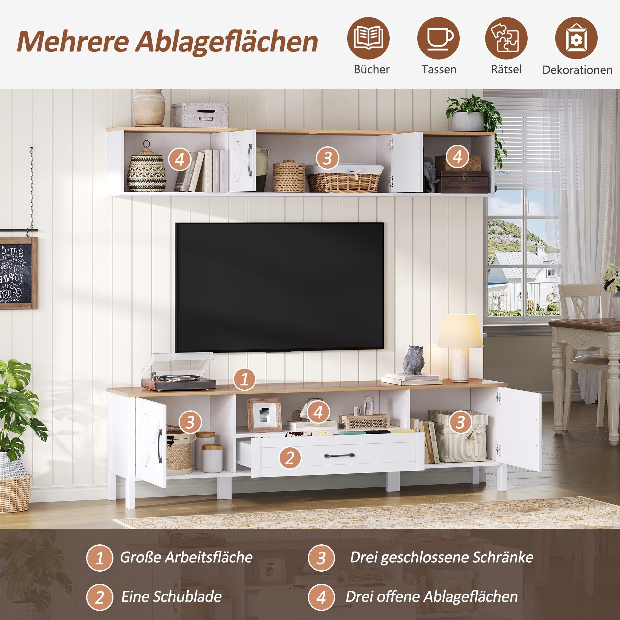 Merax Wohnwand 2-teiliges Komplett-Set mit TV-Schrank & Hängende Vitrine, (1-St), TV-Wohnwand-Set mit 4 Schränken und 1 Schublade, 180x40x50cm