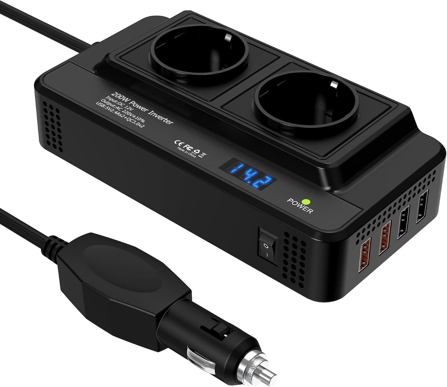 Vornix Wechselrichter Spannungswandler 12V auf 220V 200W, (KFZ Wechselrichter mit 2 AC-Steckdosen), USB-C PD 20W, 2 USB-A, Digitalanzeige & Kühlventilator