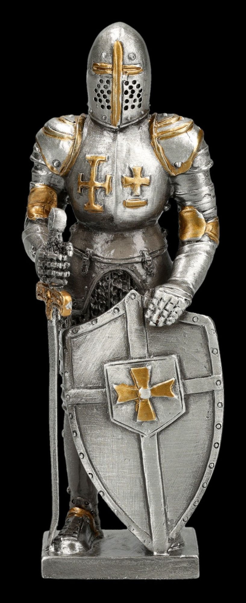 Figuren Shop GmbH Dekofigur Kreuzritter Figur – Zinn Statue Ritter mit Schwert & Schild 10,5 cm