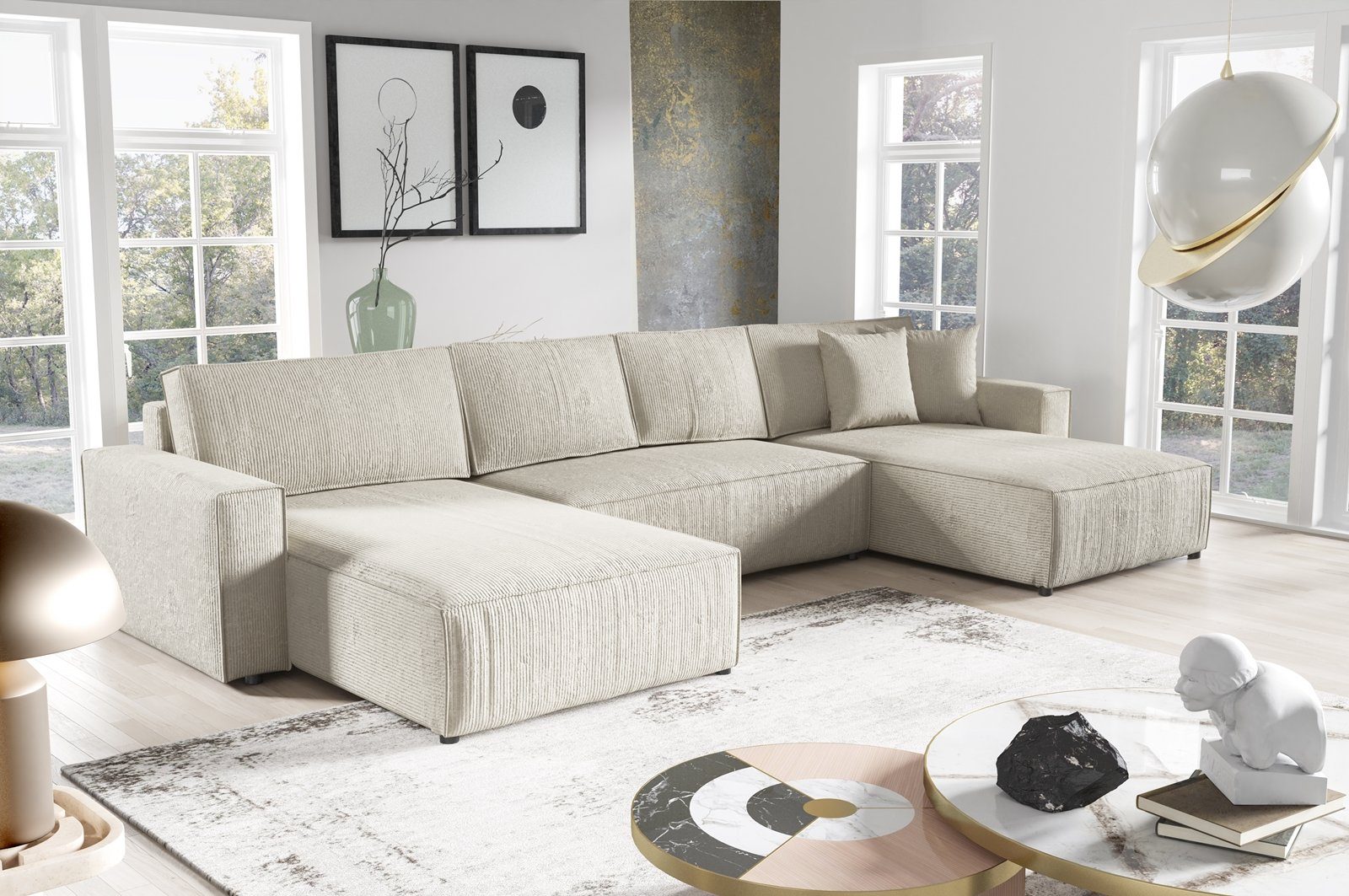 Beautysofa Ecksofa Parys U, mit Schlaffunktion, Bettkasten, u-förmig Ecke, 390 cm Polsterecke XXL, universelle Ottomane