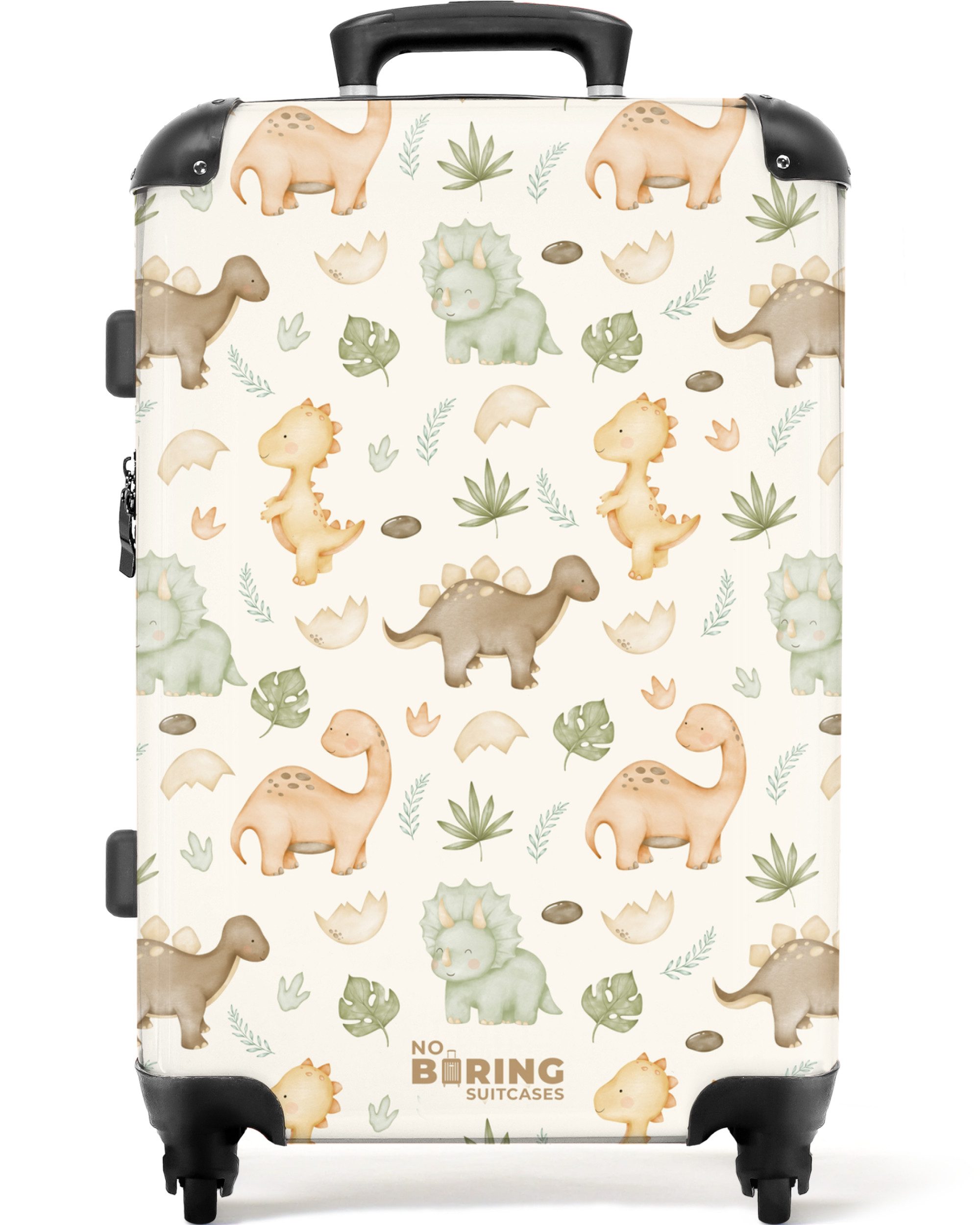 NoBoringSuitcases.com© Kinderkoffer mit leuchtende Räder - Dino-Muster in Pastellfarben 67 cm - 72 L, 4 Rollen, Reisekoffer mit Rollen Mittelgroßer für 20kg, Jungenkoffer