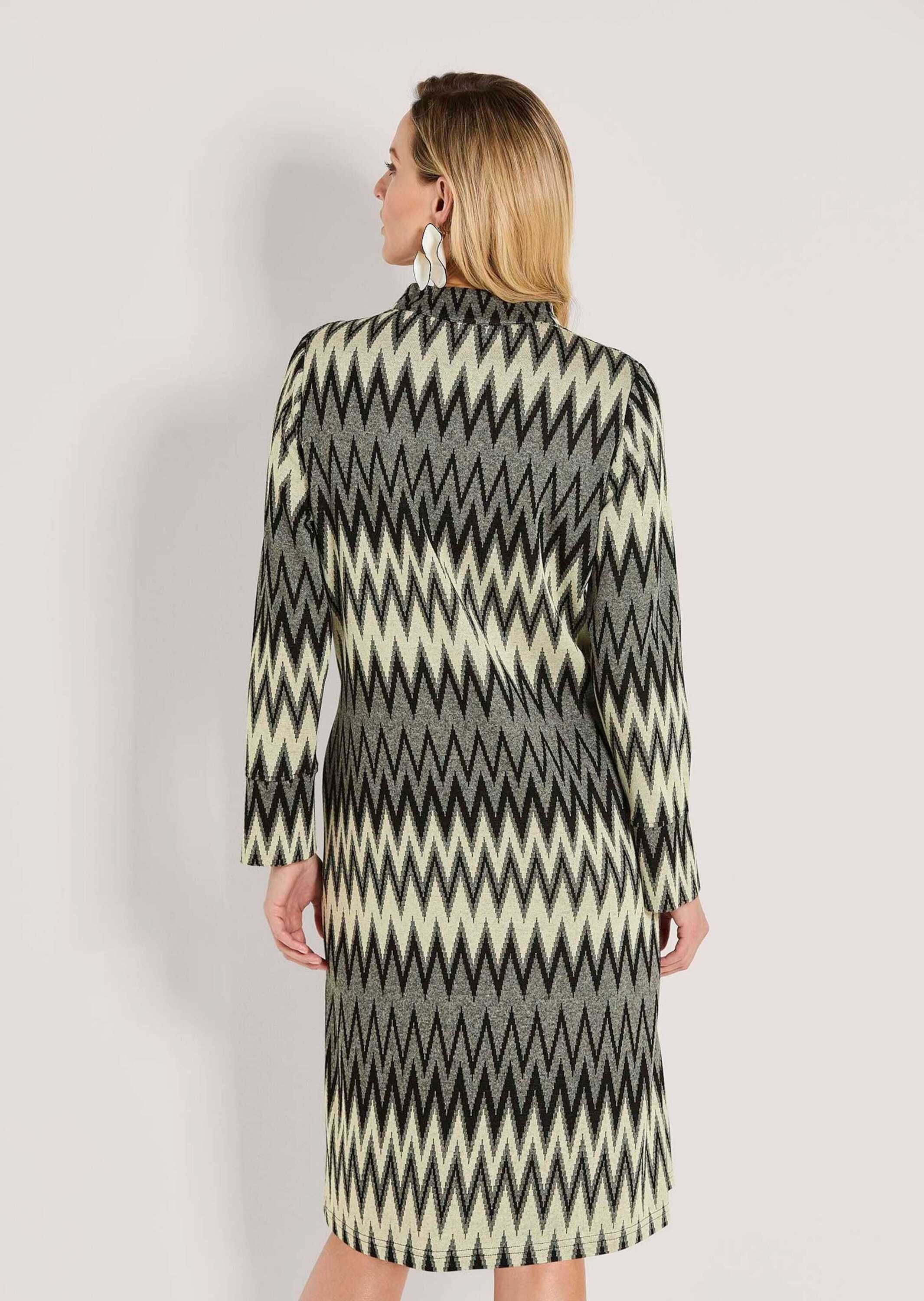 MADELEINE Midikleid Elegantes Kleid mit Zick-Zack-Muster Kelchkragen mit tiefem V-Ausschnitt und langen Ärmeln