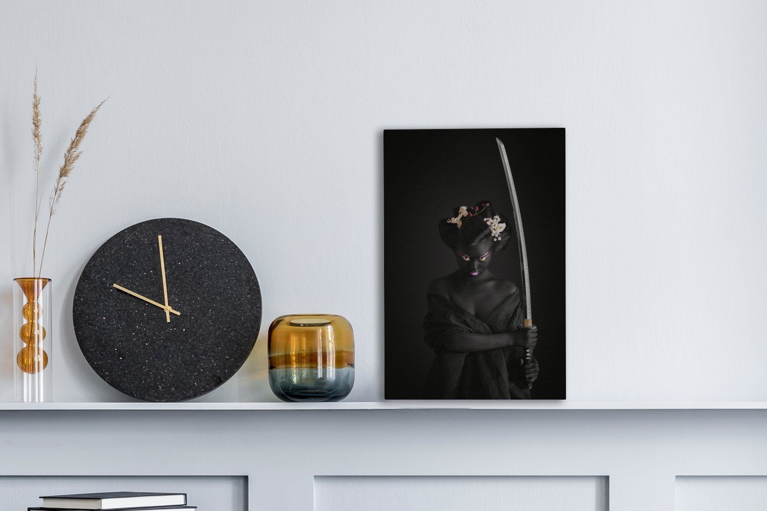 bespannt Hintergrund, Samurai Japanischer OneMillionCanvasses® (1 Leinwandbild fertig cm 20x30 inkl. St), Leinwandbild Gemälde, vor Zackenaufhänger, schwarzem