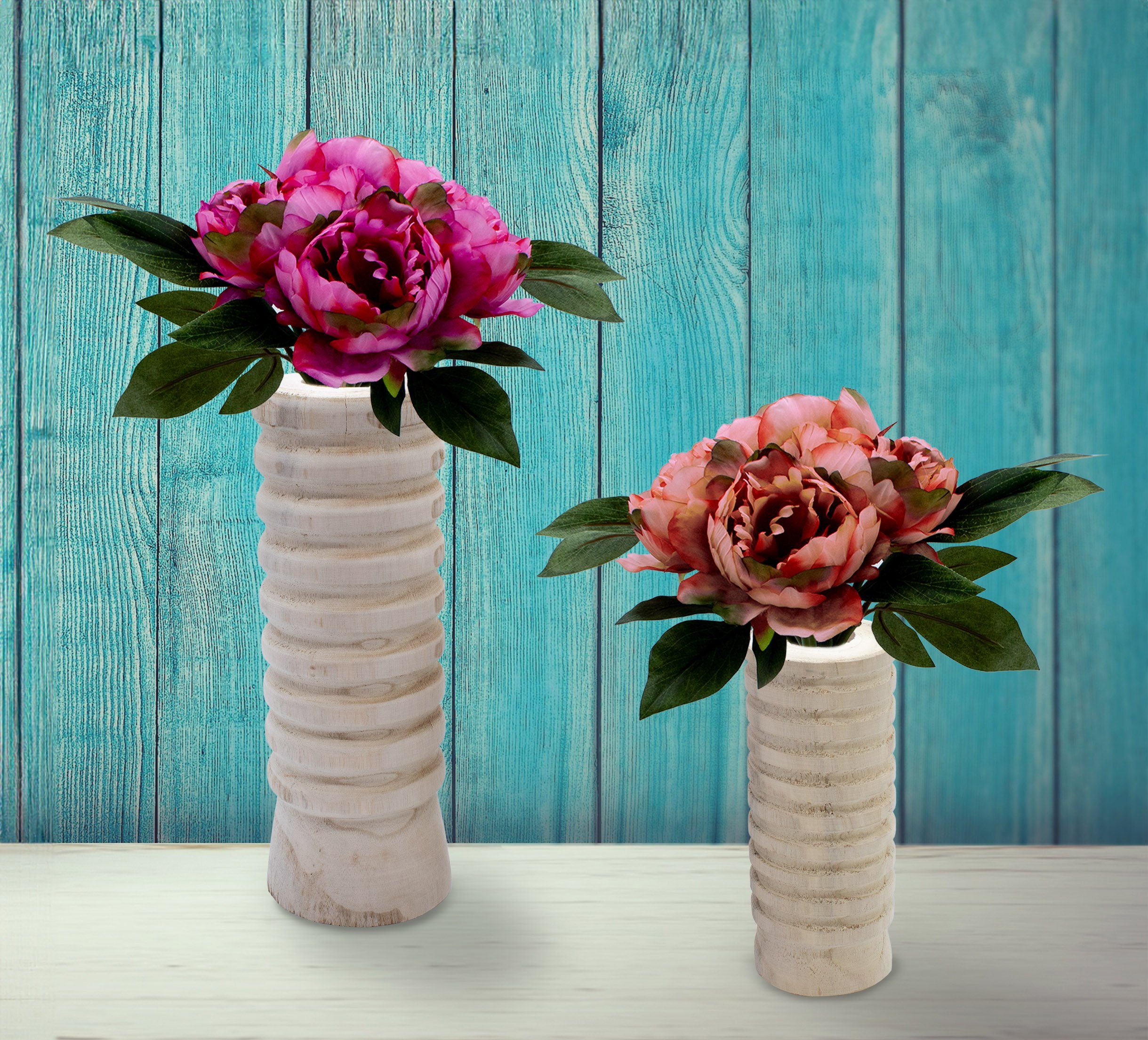 Spetebo Dekovase Holz Blumenvase 2er Set verschiedene Designs (Set, 1 St., 2er), Flasche Holzvase naturbelassen – Bild 4 von 4