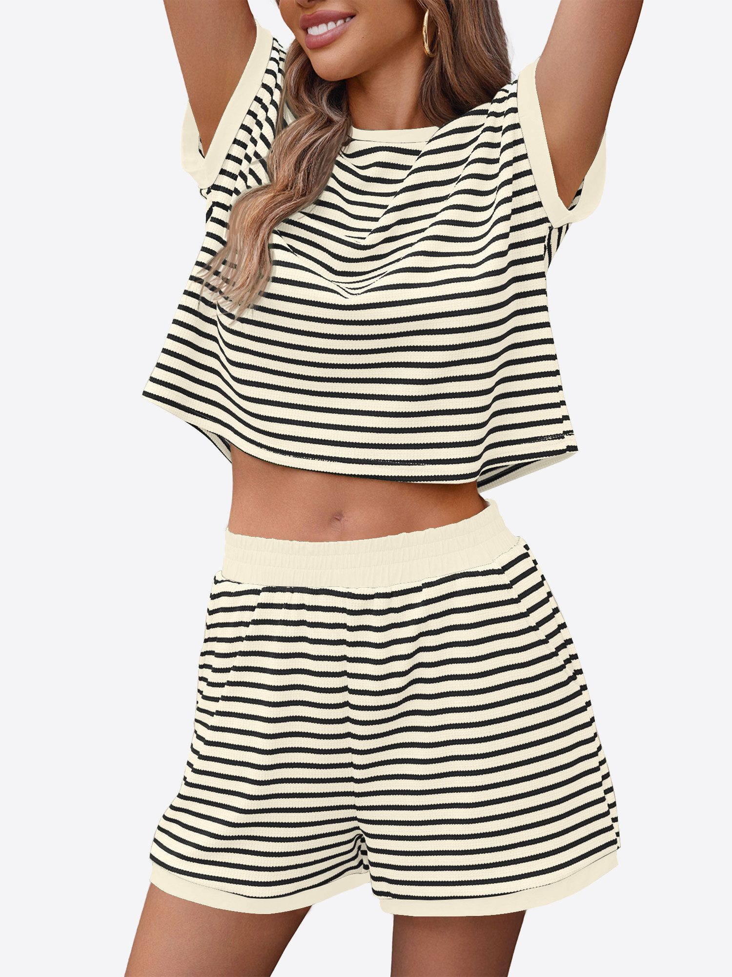 Imily Bela Hausanzug Damen Sommer-2-teilige Sets (Set, 2 tlg., Kurzarm-T-Shirts + Shorts) Streifen – Bild 5 von 5