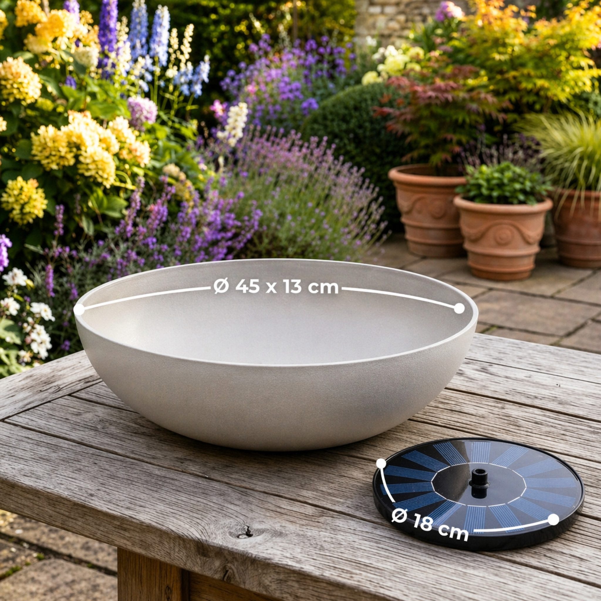 matches21 HOME & HOBBY Wasserspiel Outdoor Solar Brunnen Set 45cm grau, (2 tlg), Große Brunnen-Schale mit Wasserfontäne Garten-Brunnen Wasserspiel