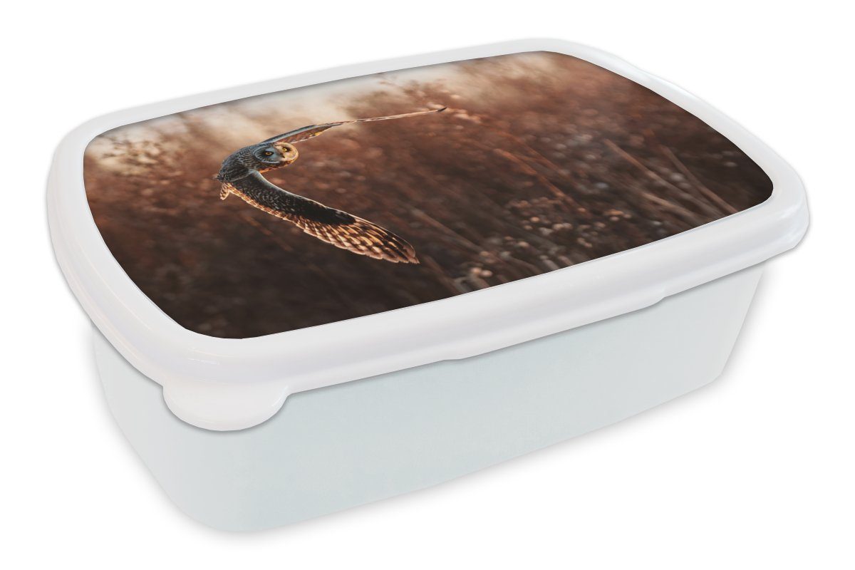 MuchoWow Lunchbox Vogel - Eule - Sonnenuntergang - Natur, Kunststoff, (2-tlg), Brotbox für Kinder und Erwachsene, Brotdose, für Jungs und Mädchen weiß