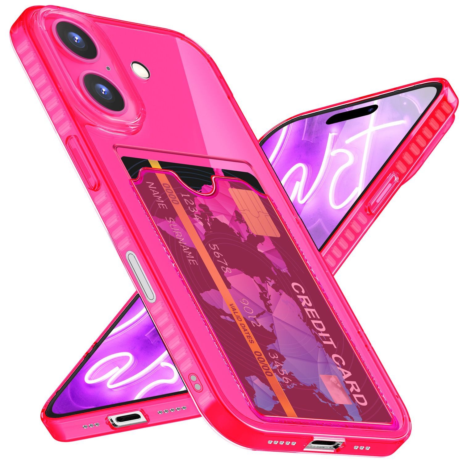 Nalia Smartphone-Hülle Apple iPhone 16 15,5 cm (6,1 Zoll), Klare Neon Silikon Hülle mit Kartenfach / Durchsichtig Bunt Leuchtend