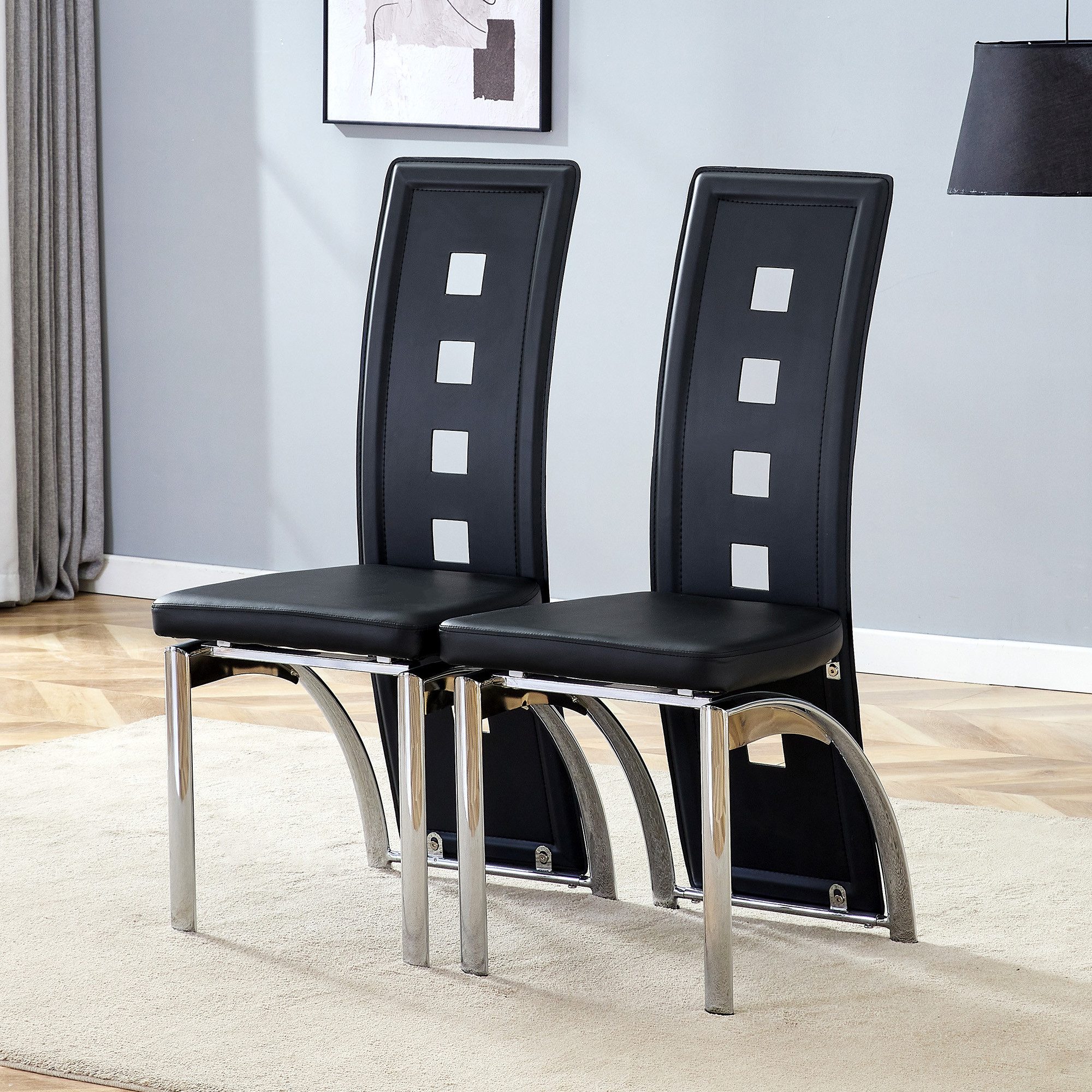 Odikalo Esszimmerstuhl Polsterstuhl Esszimmerstühle 2er-Set mit Rückenlehne (Europäische Design-Esszimmerstühle mit Lochmuster PU-Leder+Silberne Metallbeine 102,5 hoch für modernes Ess- oder Wohnzimmer)