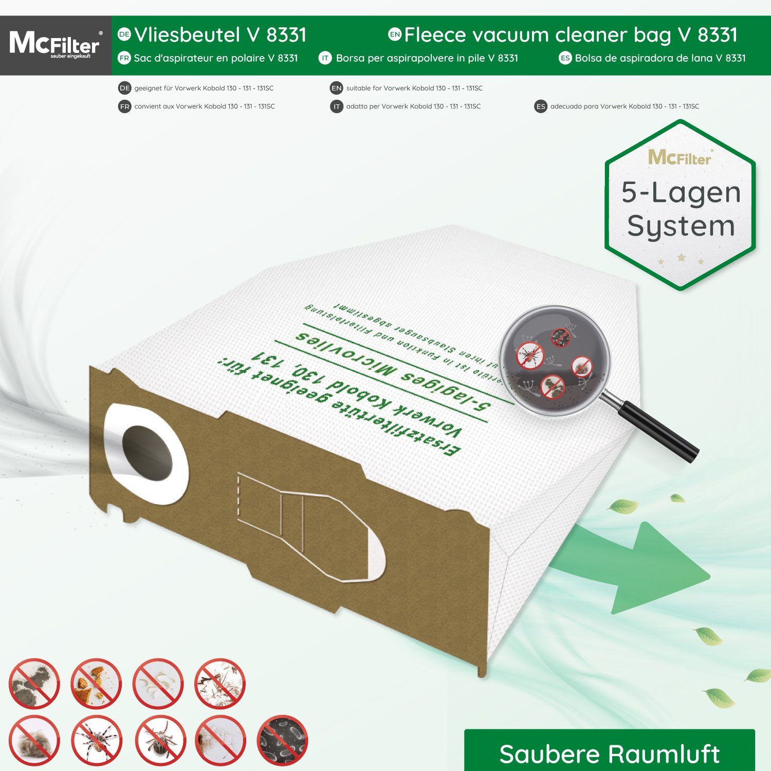 McFilter Staubsaugerbeutel (6 Stück), Staubverschluss VK VK SC, passend inkl. für mehrlagig, Pappdeckscheibe, Vorwerk St., 131 Kobold 130, 6