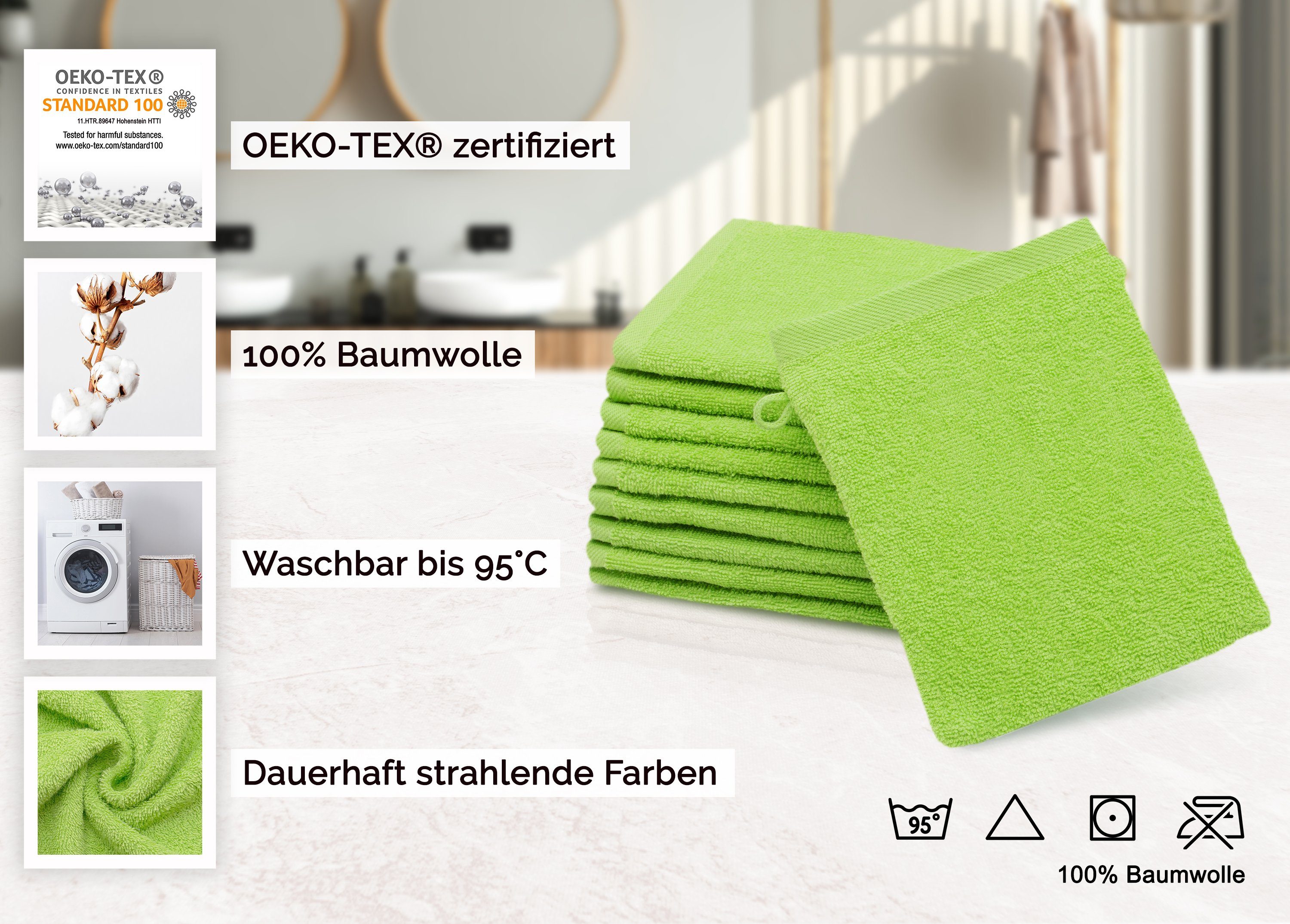 Waschlappen apfelgrün Baumwolle, 21 x ZOLLNER cm, Hotelwäschespezialisten 16 100% vom (10-tlg),