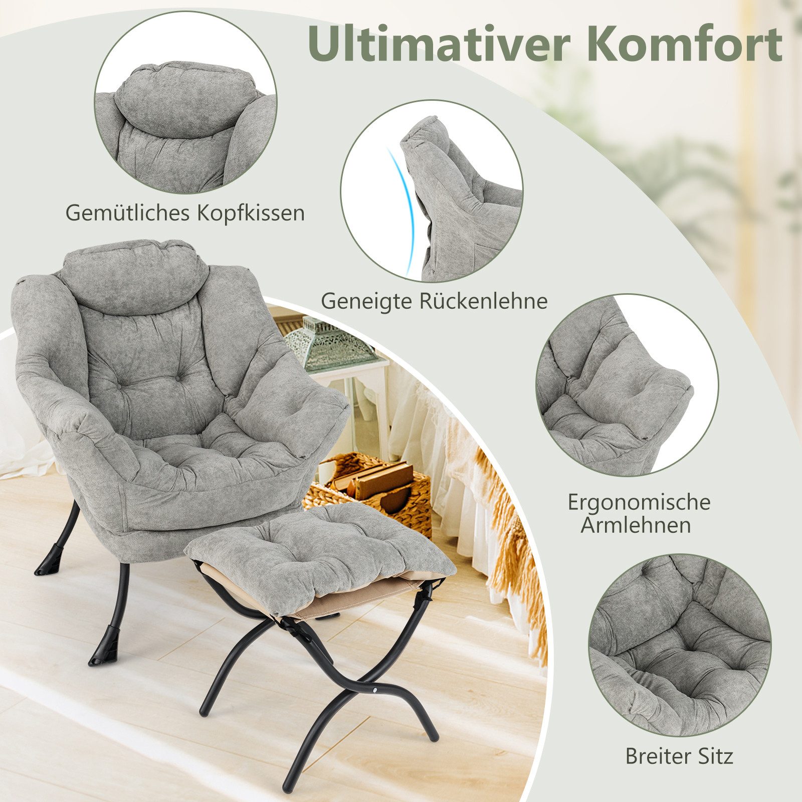 COSTWAY Relaxsessel (2-St), Ohrensessel gepolstert mit Hocker