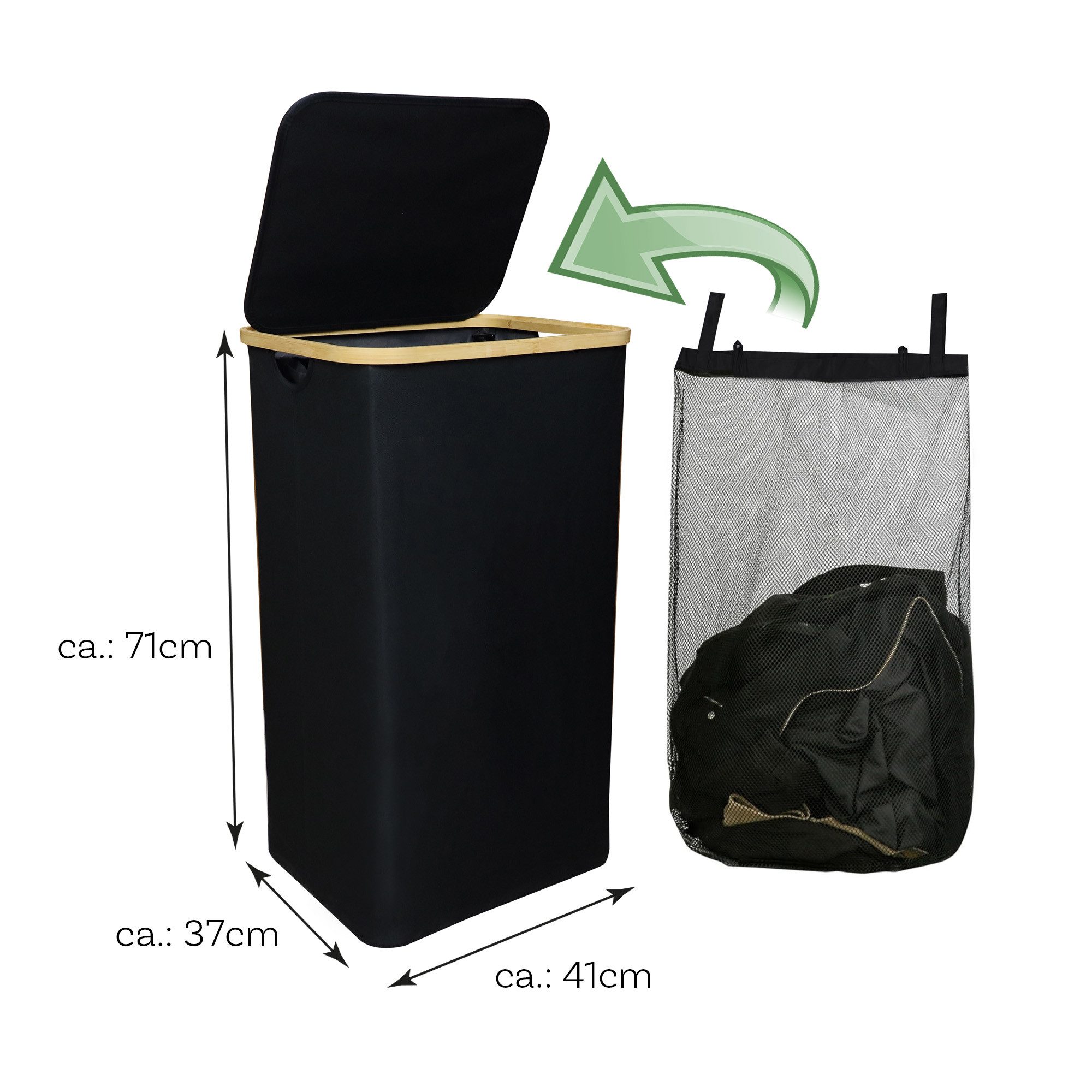 Bestlivings Wäschekorb mit Bambusrahmen inkl. herausnehmbarer Tasche, 100L, 41x37x71cm, seitliche Griffe, Wäschebox, faltbar, hygienisch