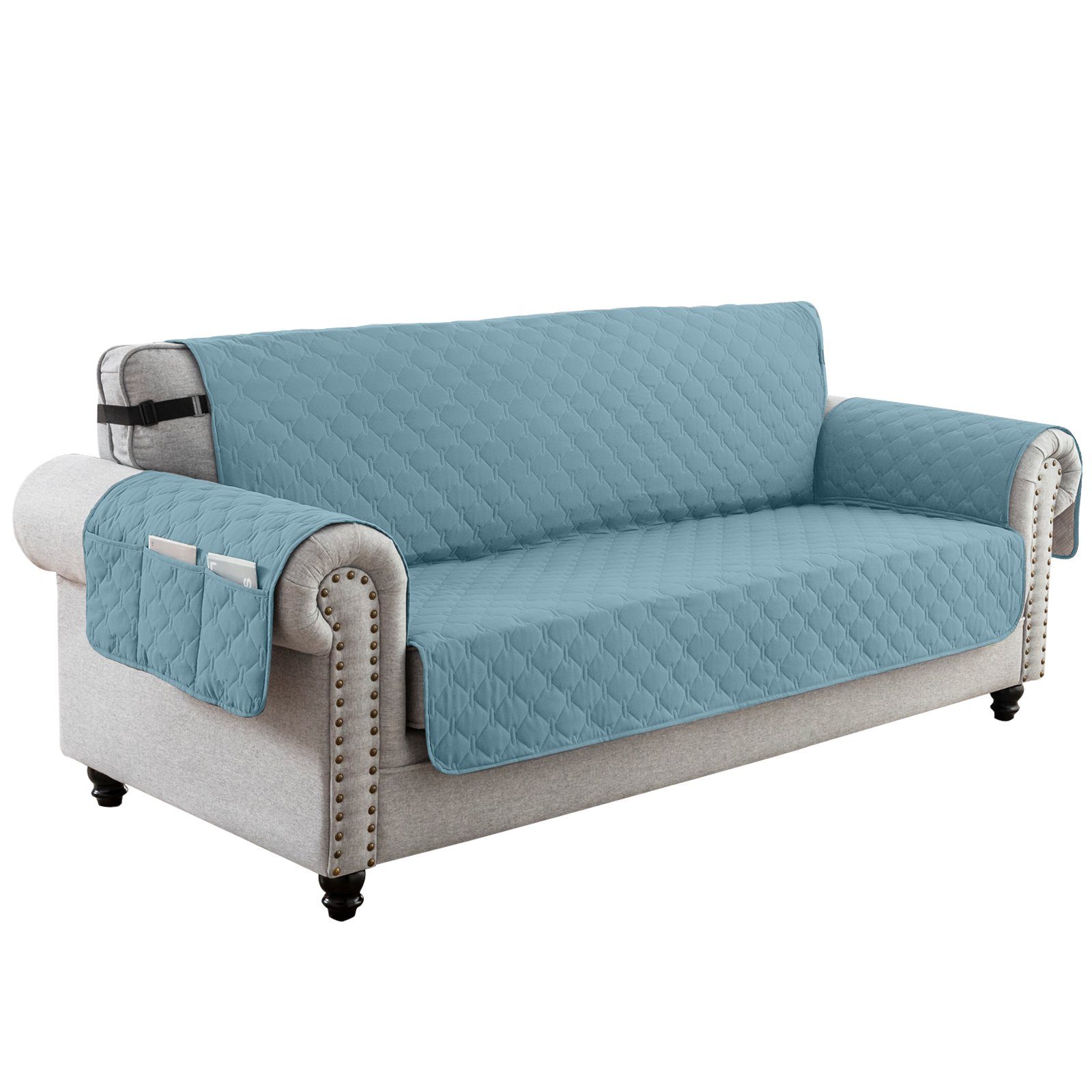 Sofahusse 1/2/3 Sitz, gesteppt, wasserdicht, rutschfest, für Armsofa, Rosnek, mit Seitentasche; Haustiermatte Blau