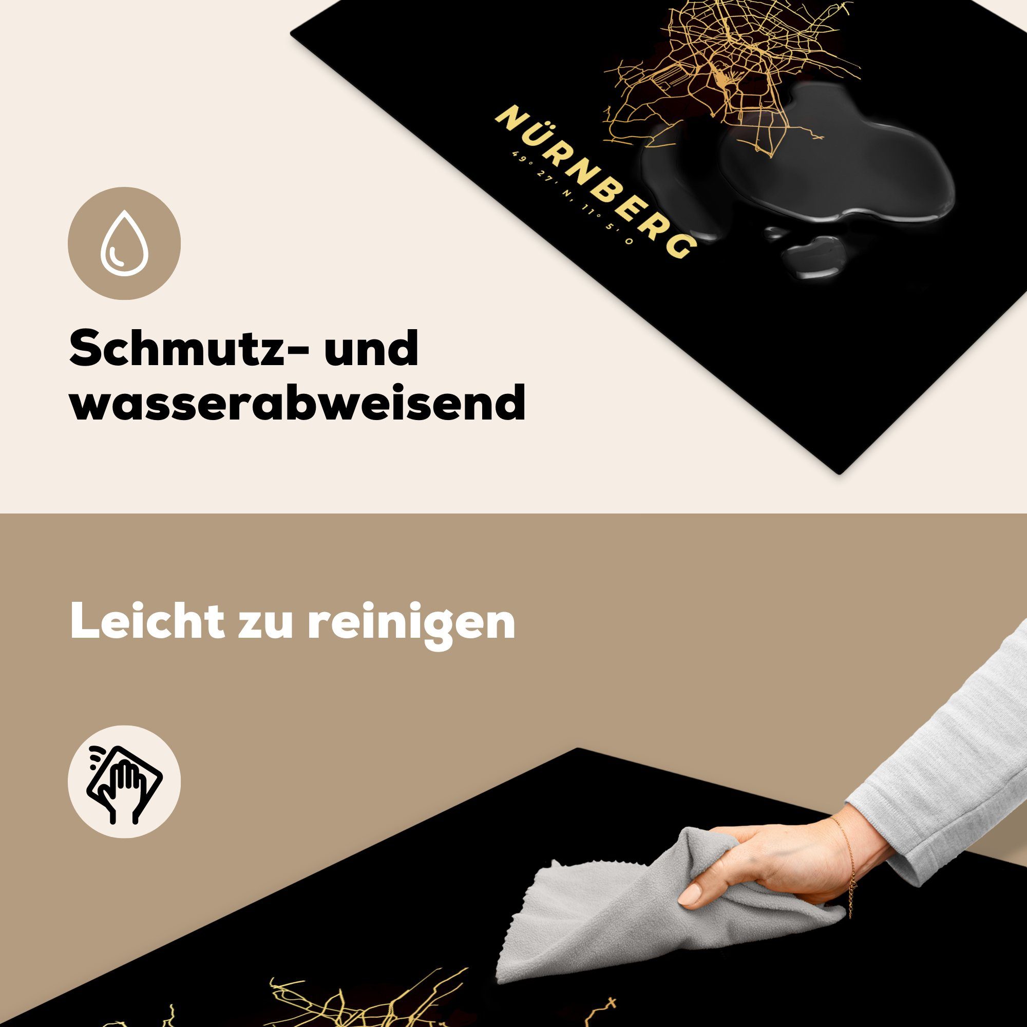 MuchoWow Herdblende-/Abdeckplatte Nürnberg - Karte (1 für Karte, Schutz cm, - tlg), küche, Stadtplan - 81x52 Induktionskochfeld Gold Ceranfeldabdeckung Vinyl, - die