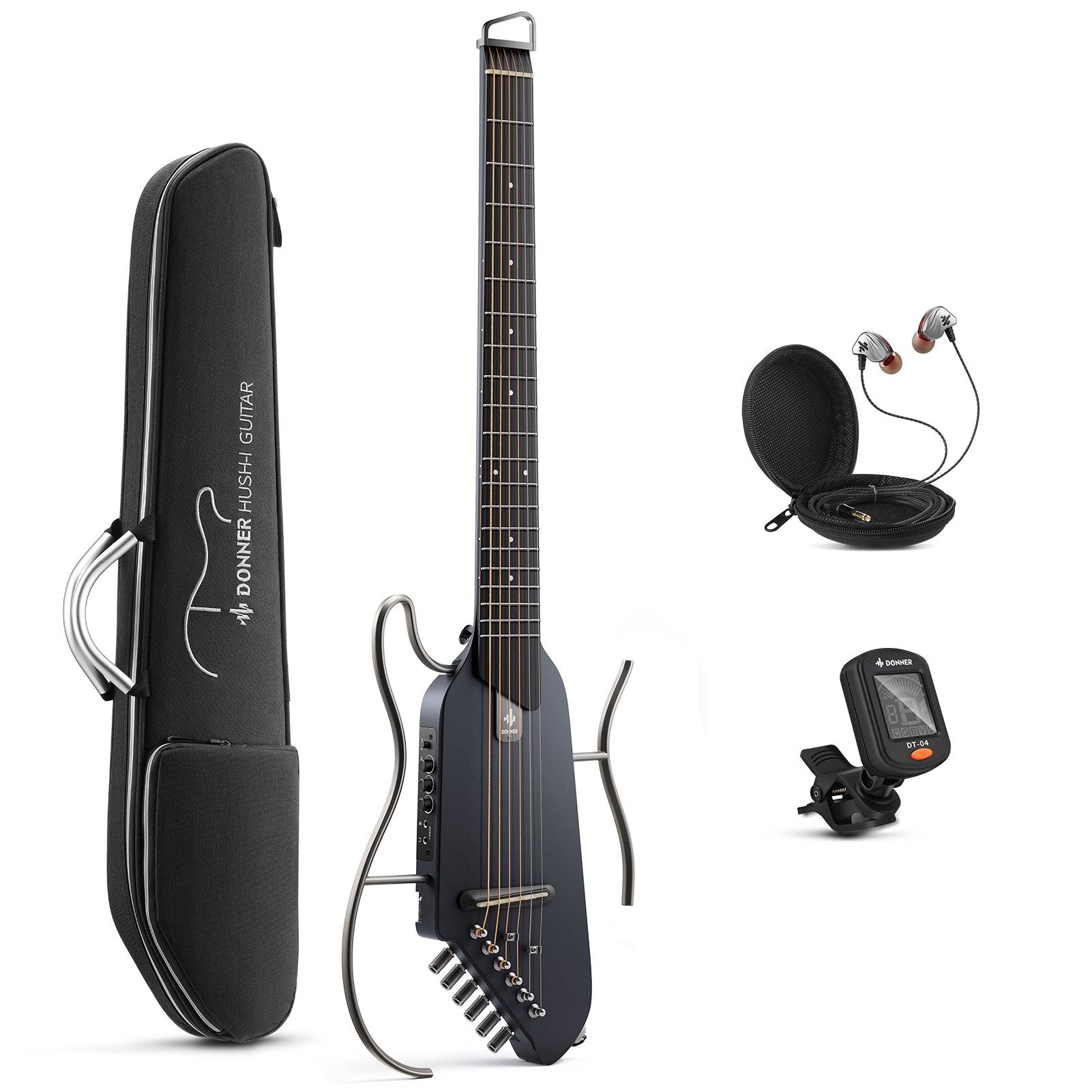 Donner Gitalele HUSH™ I Akustik-E-Gitarre Kopflose Ahornholz mit Kopfhörern, Gigbag, Kopflos, Set, tragbar In jeder Zeit spielen Lärmminderung