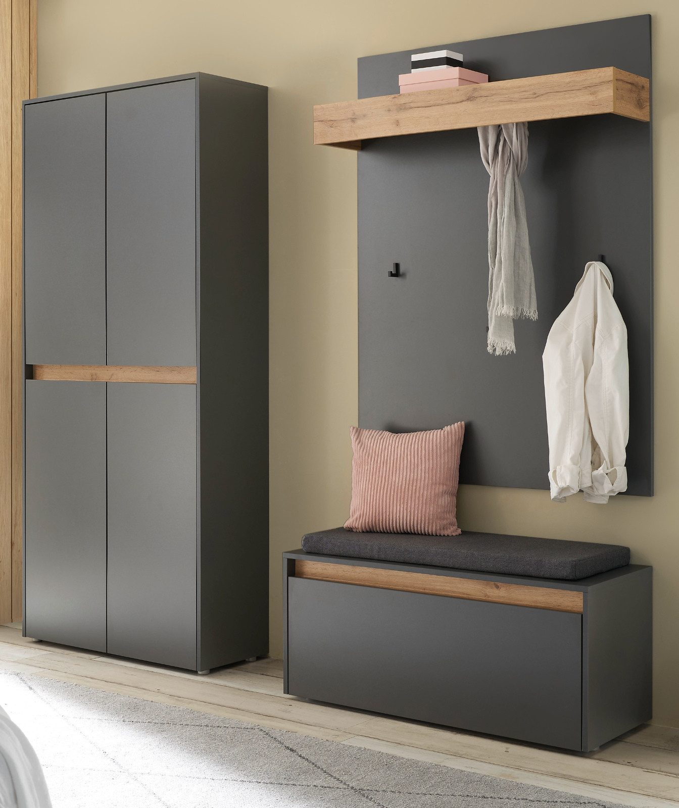 Furn.Design Garderoben-Set Center, (Flurgarderobe in grau mit Wotan Eiche, 4-teilig, 190 x 200 cm), mit viel Stauraum