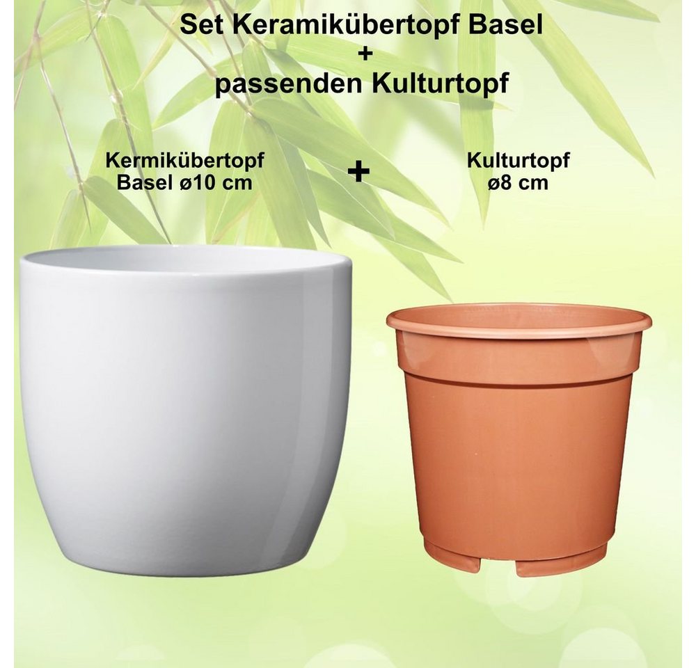Thumbnail - Heimwerkercenter Übertopf Set - Keramikübertopf Basel ø10 cm, weiss glänzend + Kulturtopf ø8