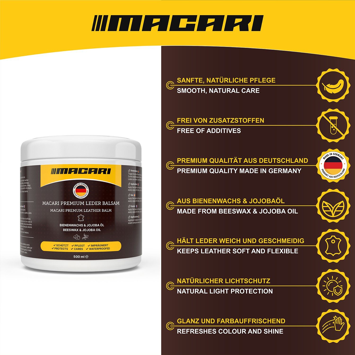 Macari Premium Leather Care Set for Leather Couches, Cars, Shoes, and Leather (Leather Couch, Car Furniture, Jacket, Clothing, Sofa, Handbag, Shoes, Saddle, Leather Grease, [4-pcs. 500ml])