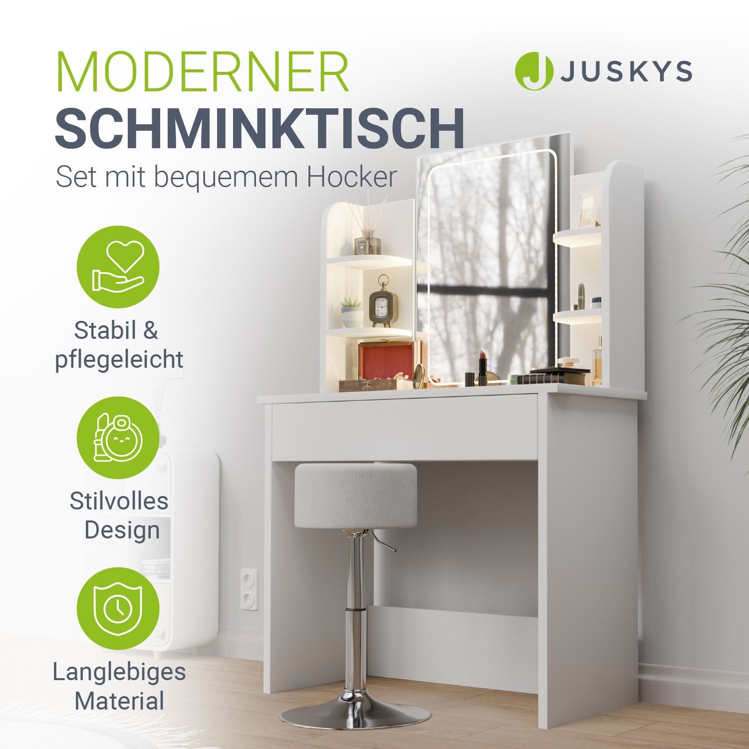 Juskys Schminktisch Zoey, LED-Beleuchtung, inklusive Hocker, günstig online kaufen