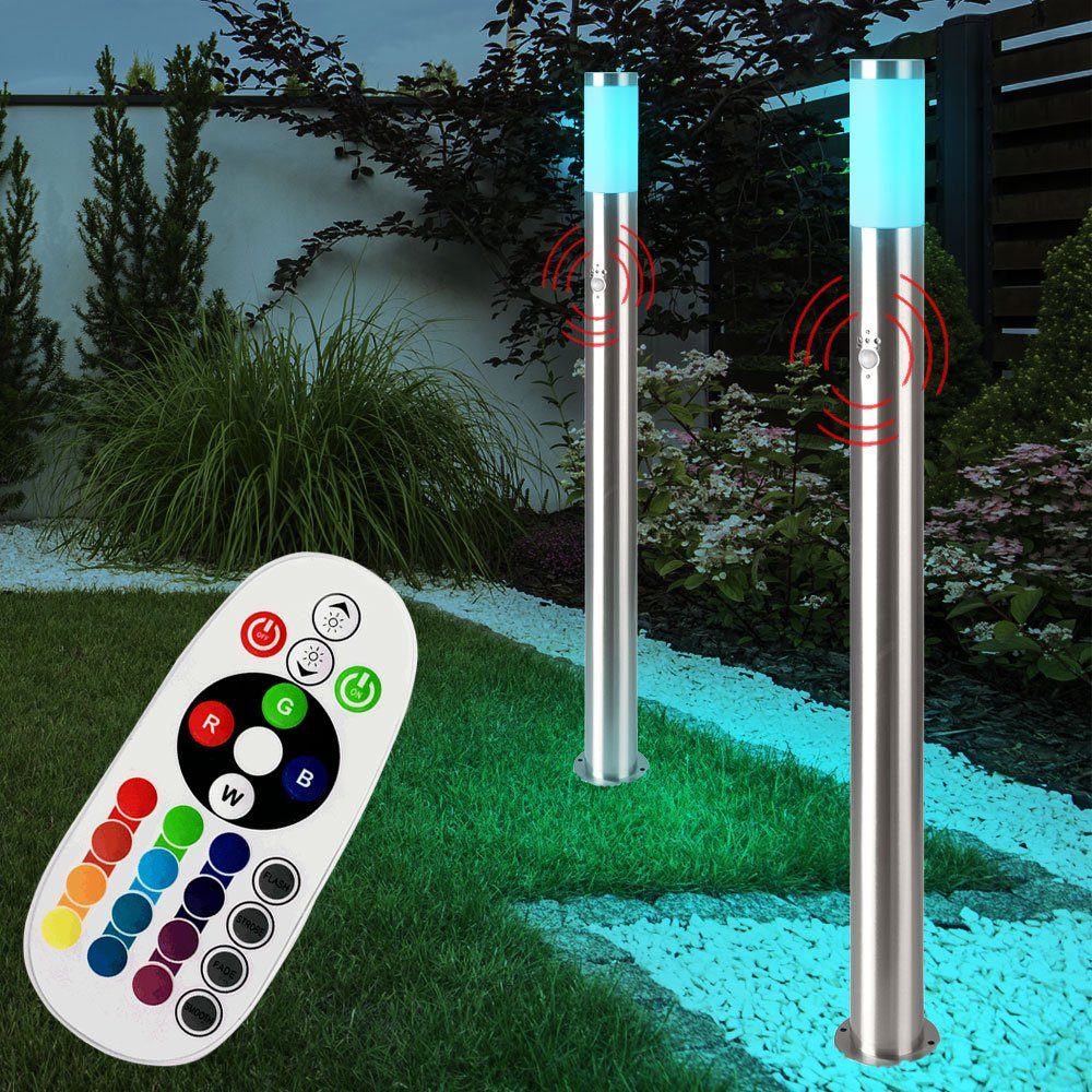 etc-shop LED Außen-Stehlampe, Stehleuchte Lampe RGB 110 - cm Außen Steh Bewegungsmelder silber LED Sensor FERNBEDIENUNG