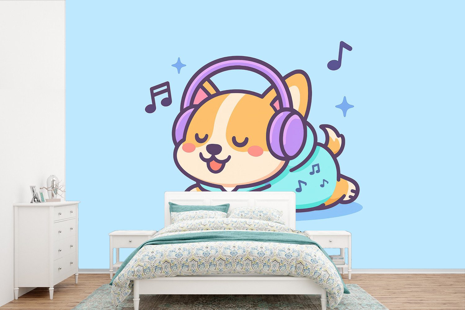 MuchoWow Fototapete Corgi - Kopfhörer - Blau - Musikalische Noten, Matt, bedruckt, Wallpaper für Wohnzimmer, Schlafzimmer, Vinyl Tapete, 390x260 cm