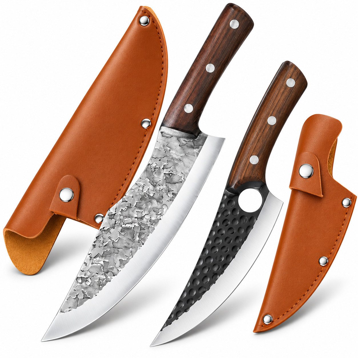Diyarts Messer-Set 2er Butchermesser Set (mit Schutztasche, 2-tlg., Metzgermesser & Allzweckmesser), Edelstahlklingen, Holzgriff, gebogene Schneide, für Küche BBQ
