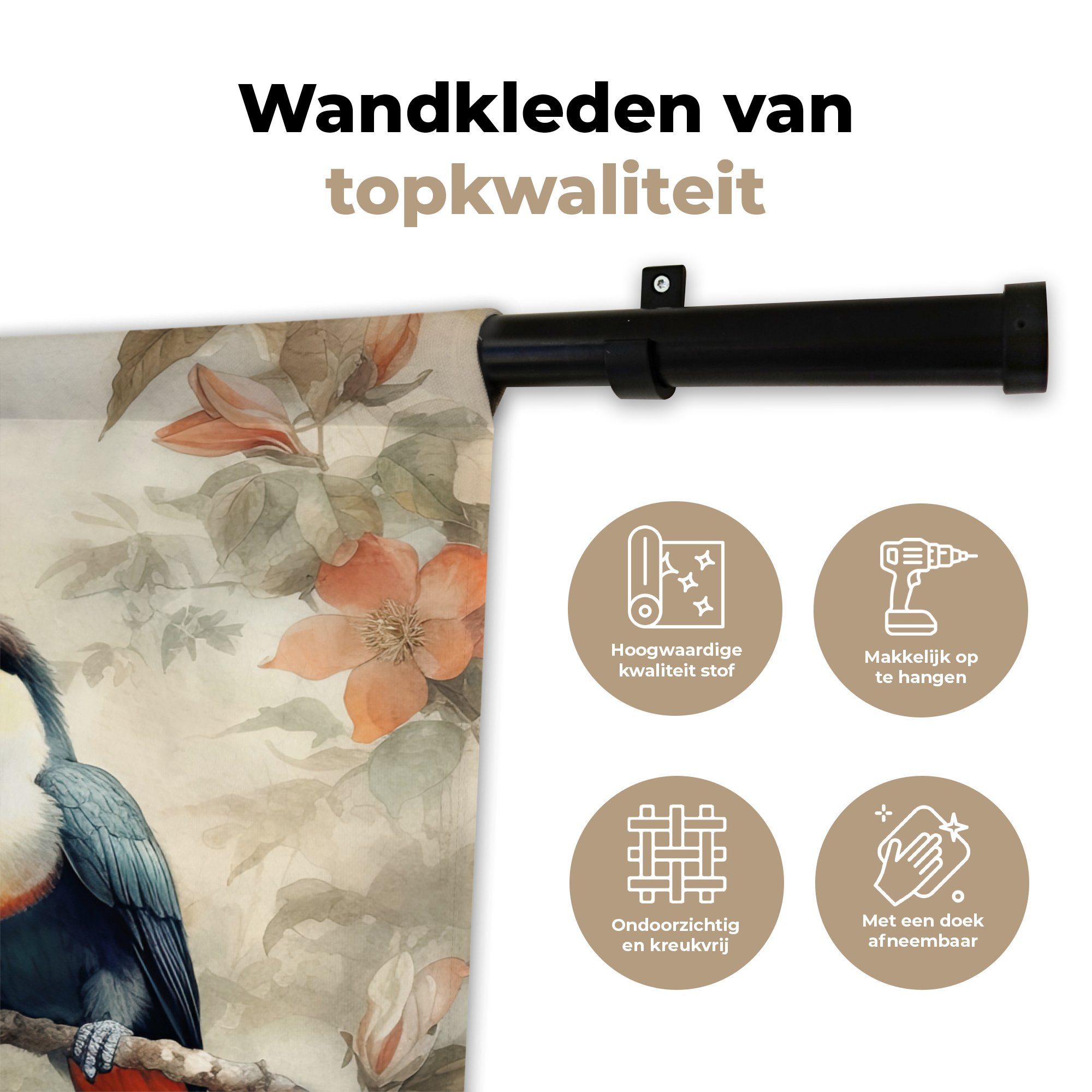 Wanddeko Tukan - Kinderzimmer Wandbehang, Vögel Zweig, Wanddekoobjekt Wohnzimmer, Blumen MuchoWow für - Schlafzimmer, - Kleid,