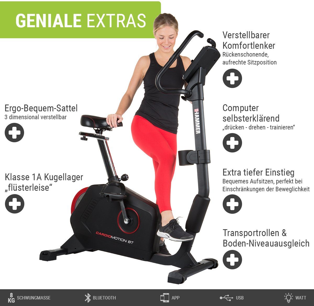 Hammer Ergometer Cardio Motion BT (mit Tablet-Halterung), 130 kg max. Benutzergewicht, Fahrrad, 16 Widerstandsstufen