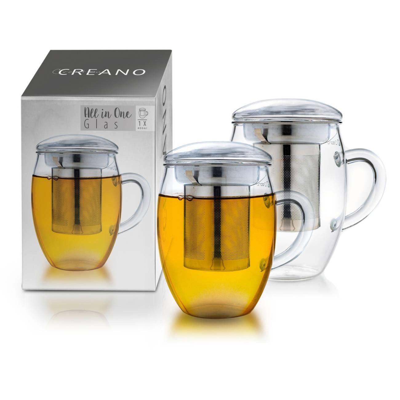 Creano Teeglas Creano 2er-Set Teeglas “All on One” mit Edelstahlsieb, Borosilikatglas, 6-teilig